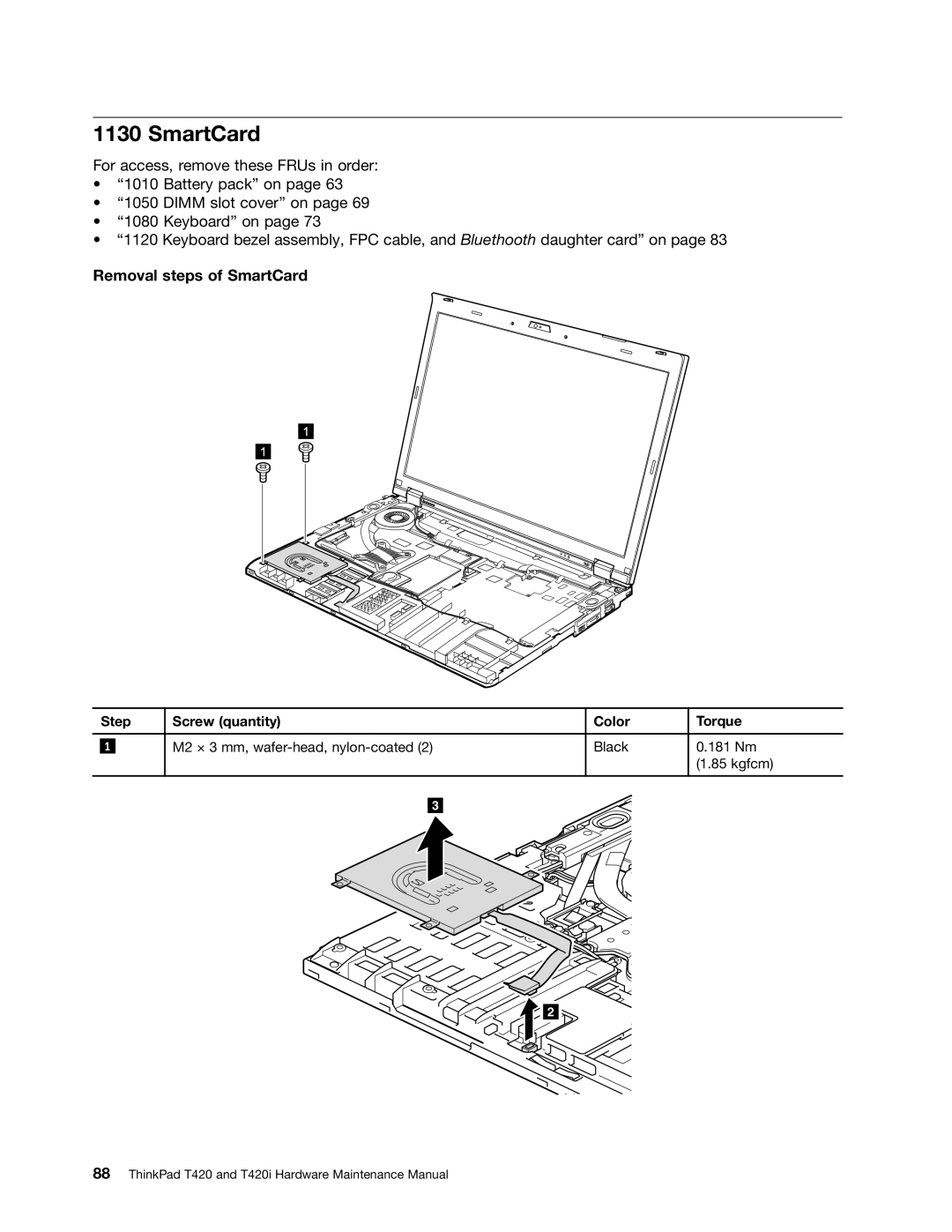 Lenovo T420i manual Removal steps of SmartCard 