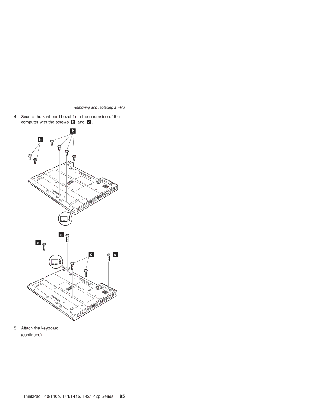 Lenovo T41/T41P, T42/T42P manual Secure the keyboard bezel from the underside 