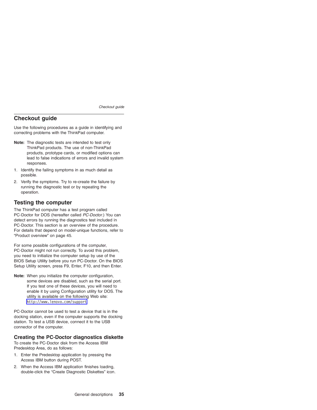 Lenovo T41/T41P, T42/T42P manual Checkout guide, Testing the computer, Creating the PC-Doctor diagnostics diskette 