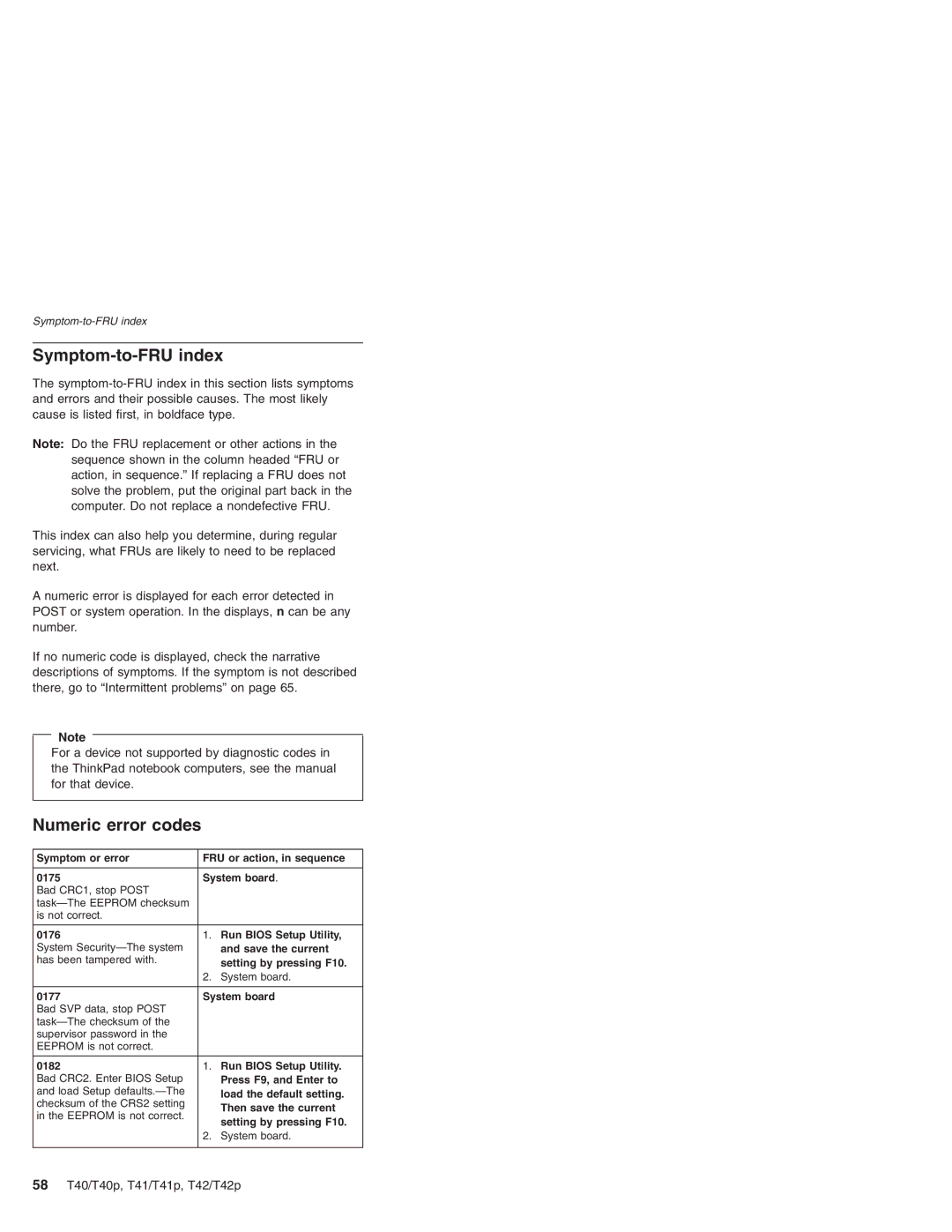 Lenovo T42/T42P, T41/T41P manual Symptom-to-FRU index, Numeric error codes, 58 T40/T40p, T41/T41p, T42/T42p 