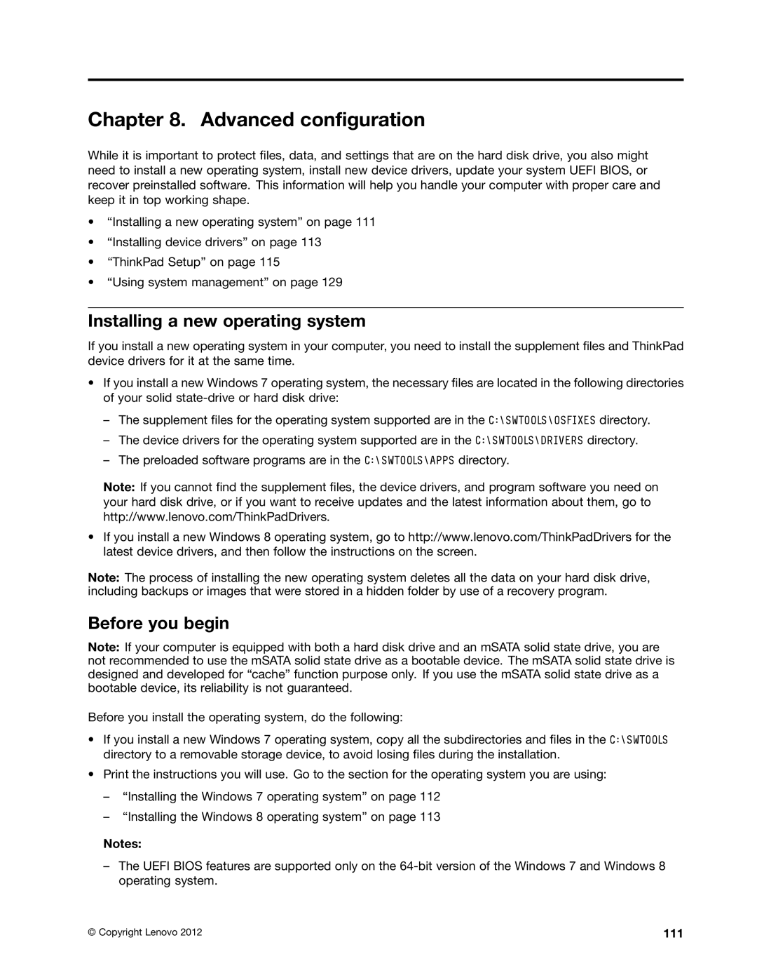 Lenovo 23427YU, T430I, 2347G5U manual Advanced configuration, Installing a new operating system, Before you begin, 111 