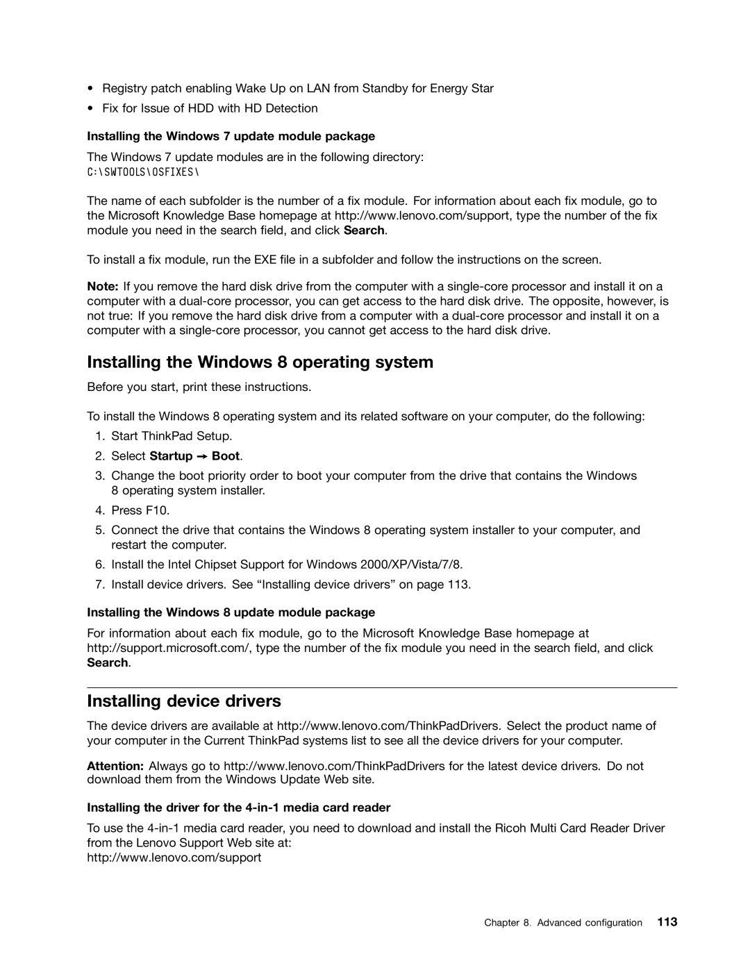 Lenovo T430I, 2347G5U, 23427YU manual Installing the Windows 8 operating system, Installing device drivers 