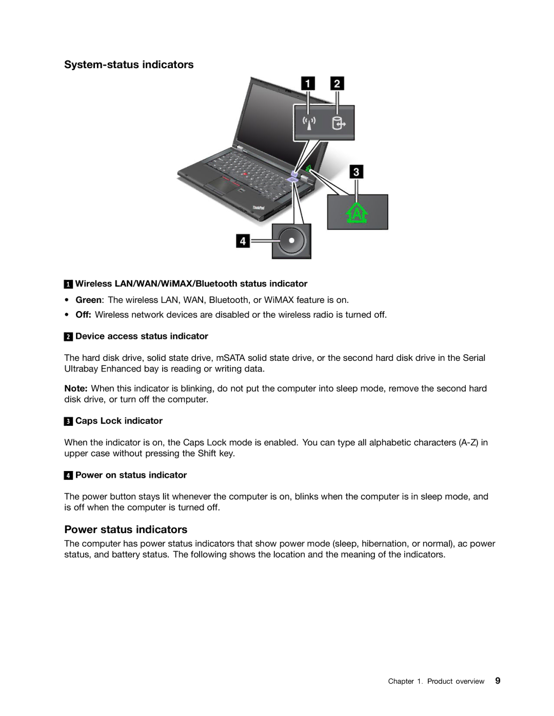 Lenovo T430I, 2347G5U, 23427YU manual System-status indicators, Power status indicators 