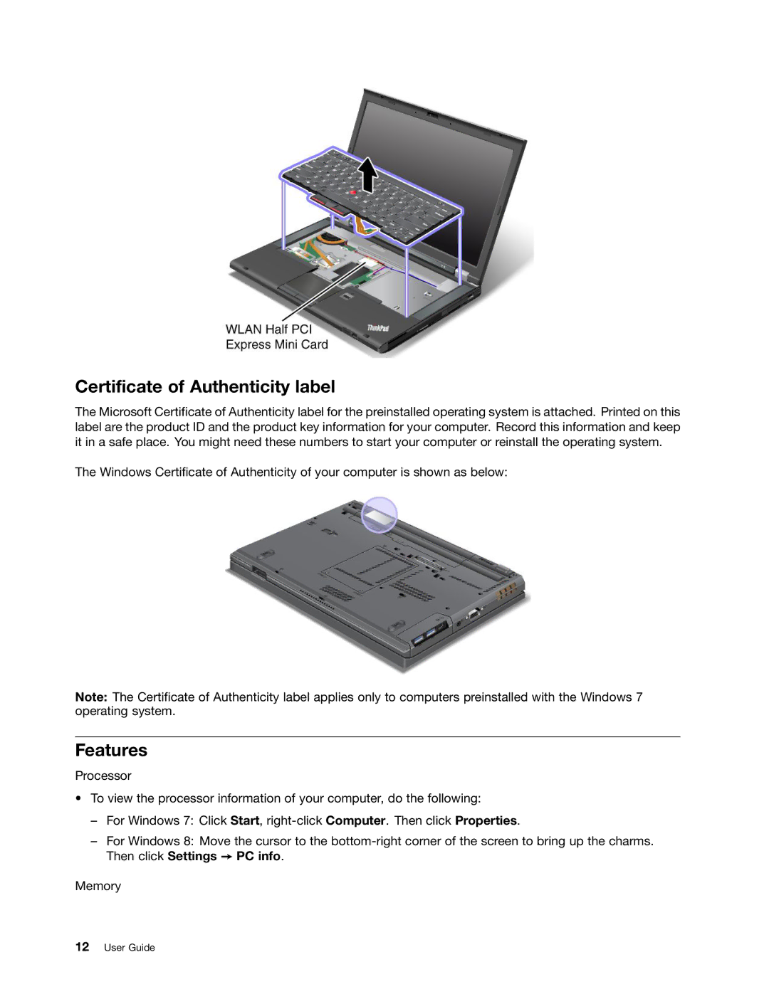 Lenovo T430I, 2347G5U, 23427YU manual Certificate of Authenticity label, Features 