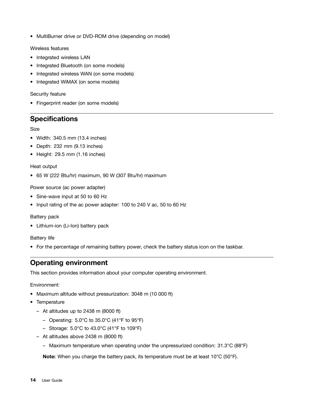 Lenovo 2347G5U, T430I, 23427YU manual Specifications, Operating environment 