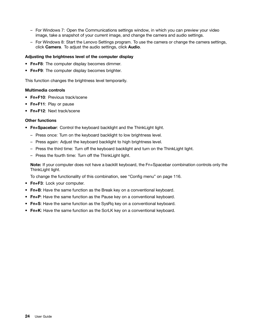 Lenovo T430I, 2347G5U manual Adjusting the brightness level of the computer display, Multimedia controls, Other functions 