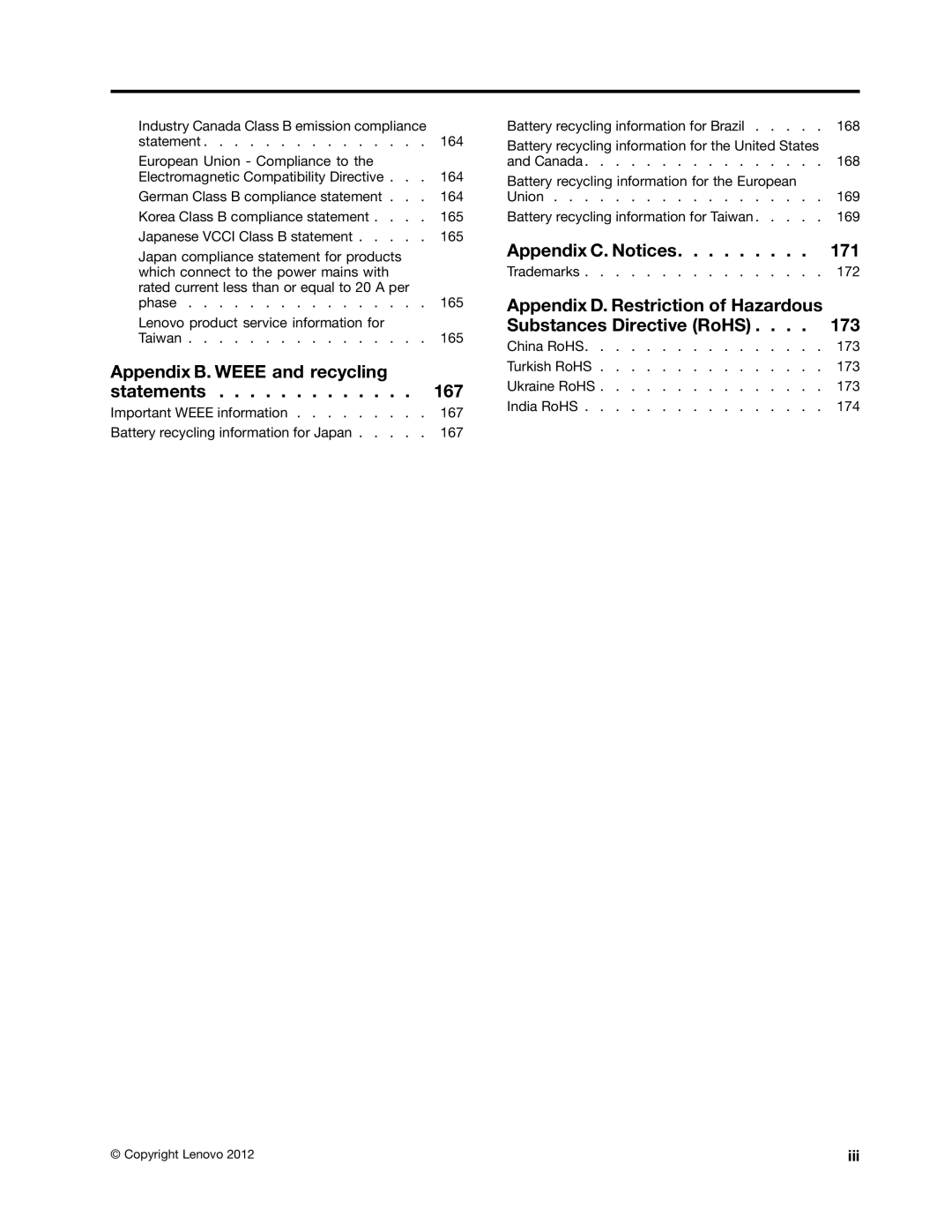 Lenovo T430I, 2347G5U, 23427YU manual Appendix B. Weee and recycling statements, Iii 