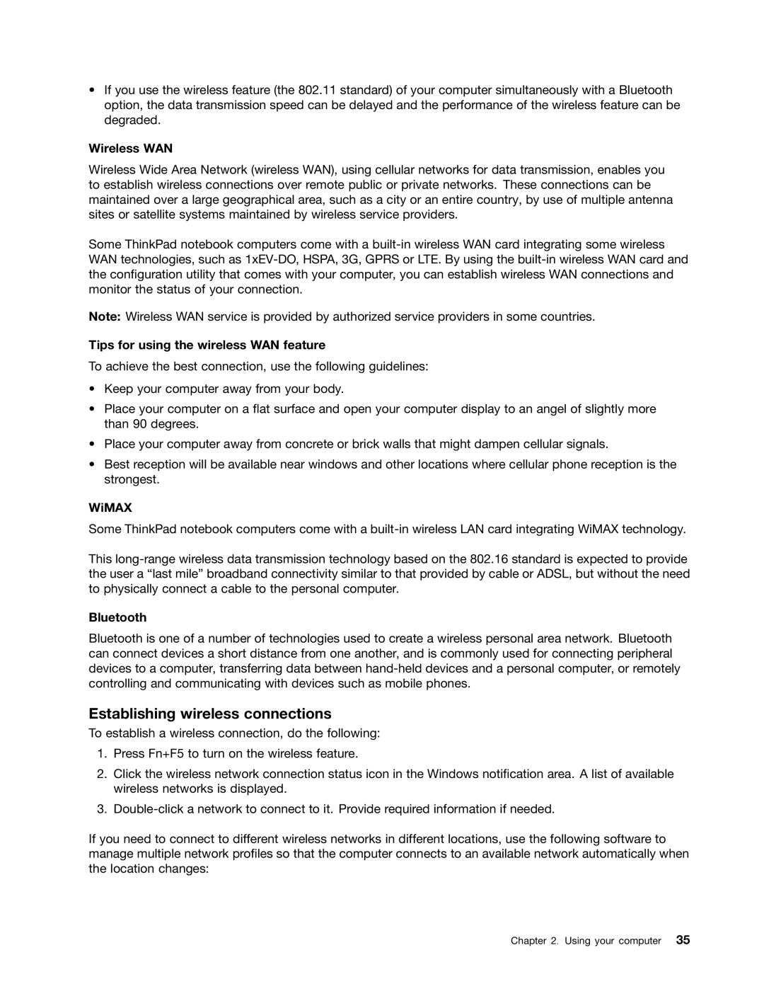 Lenovo 23427YU Establishing wireless connections, Wireless WAN, Tips for using the wireless WAN feature, WiMAX, Bluetooth 