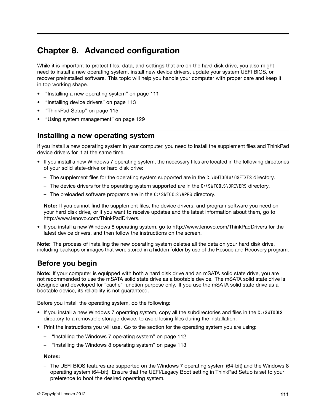 Lenovo T430SI, 2355AK4 manual Advanced configuration, Installing a new operating system, Before you begin, 111 