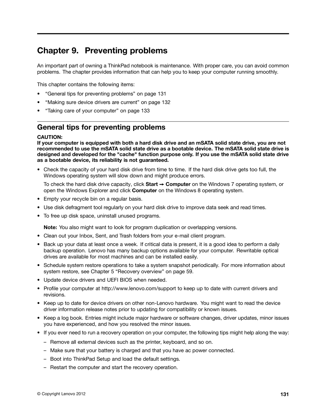 Lenovo T430SI, 2355AK4 manual Preventing problems, General tips for preventing problems, 131 