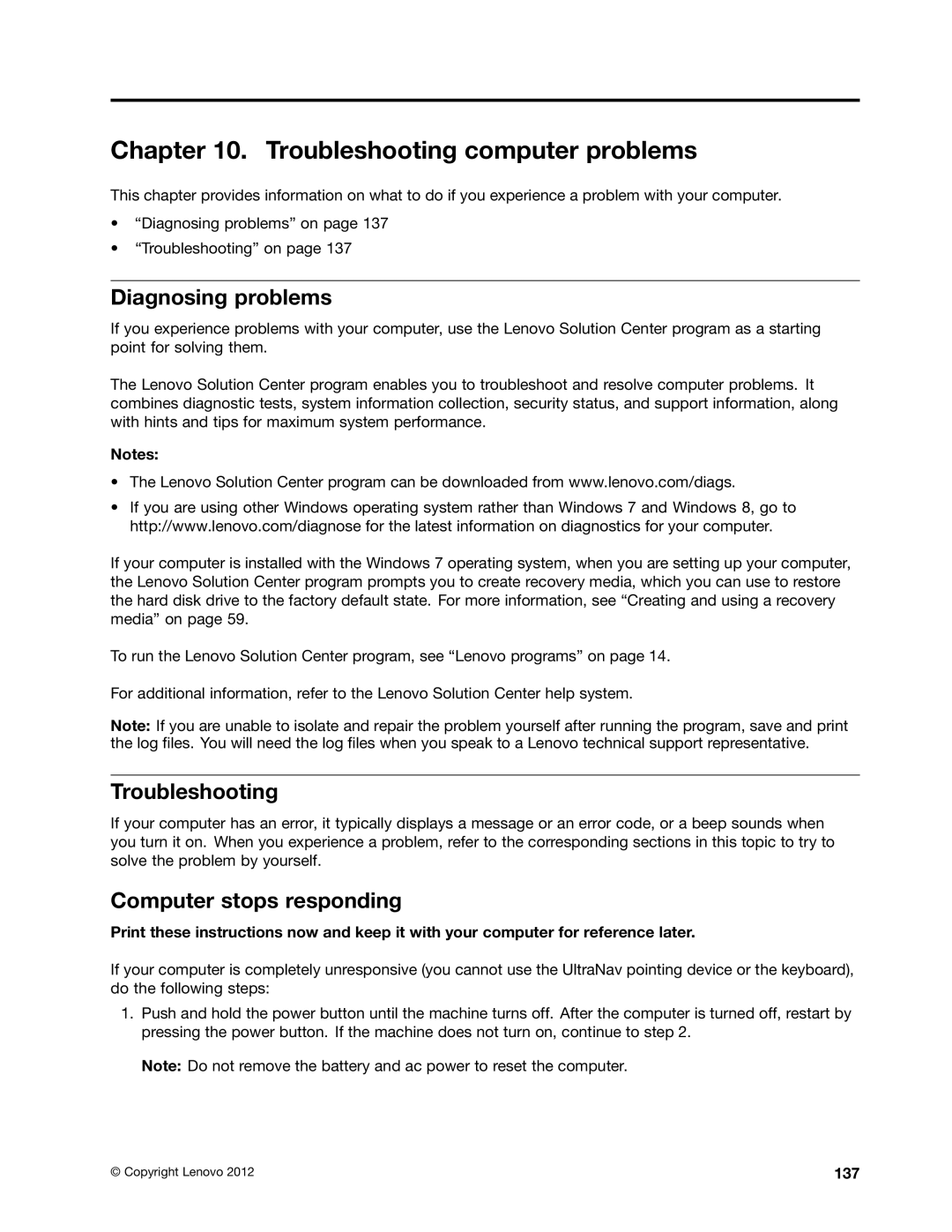 Lenovo T430SI, 2355AK4 manual Troubleshooting computer problems, Diagnosing problems, Computer stops responding, 137 