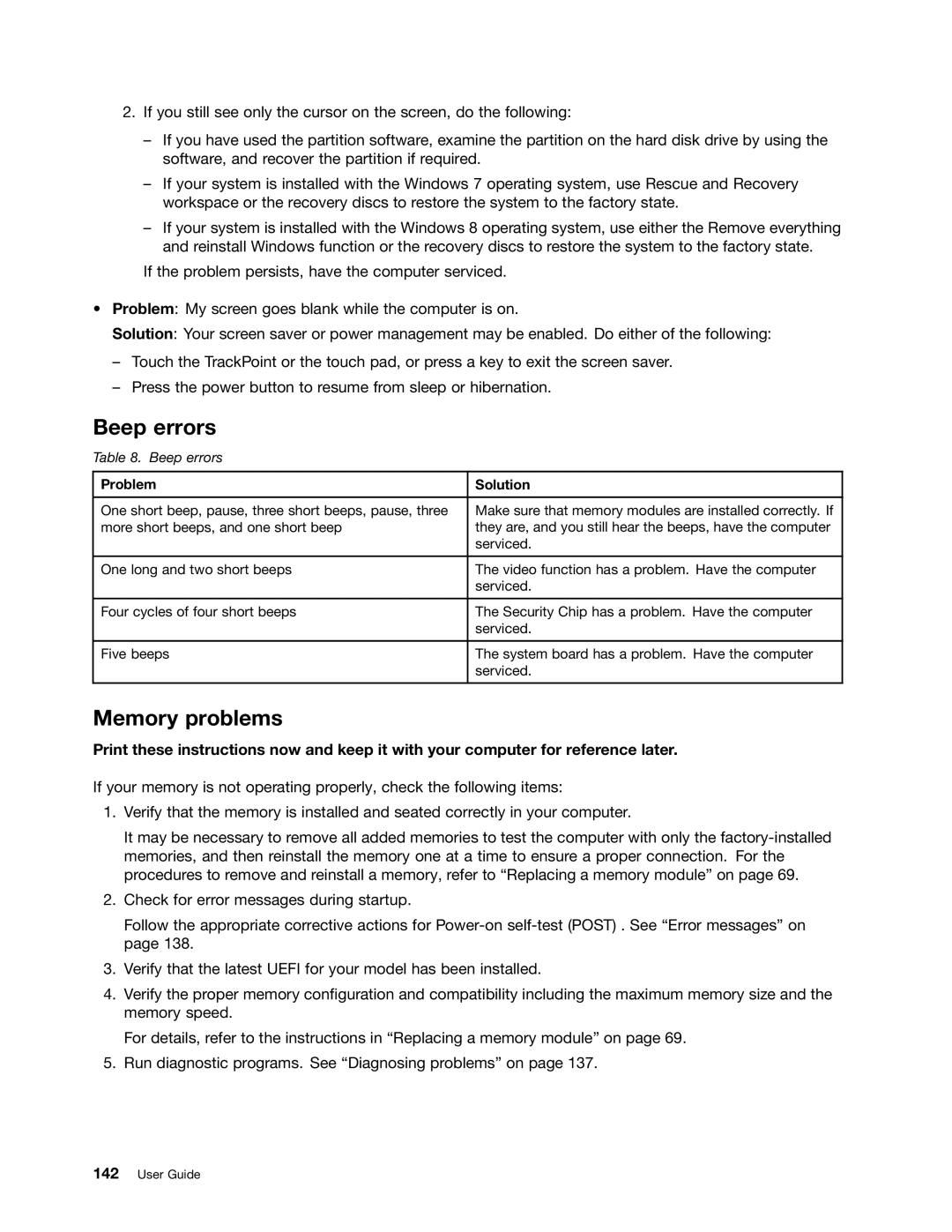 Lenovo 2355AK4, T430SI manual Beep errors, Memory problems, Problem Solution 