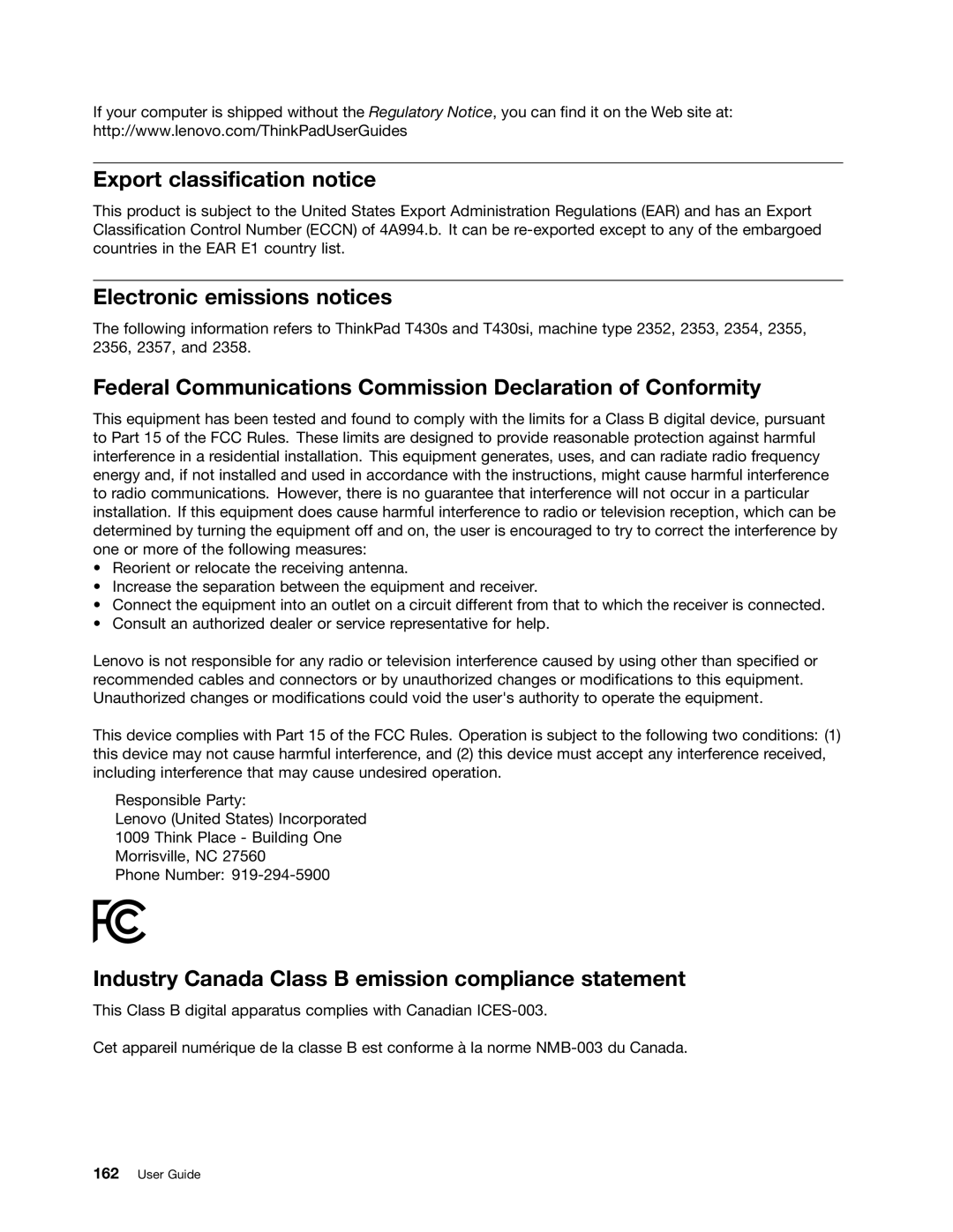 Lenovo T430SI, 2355AK4 manual Export classification notice, Electronic emissions notices 