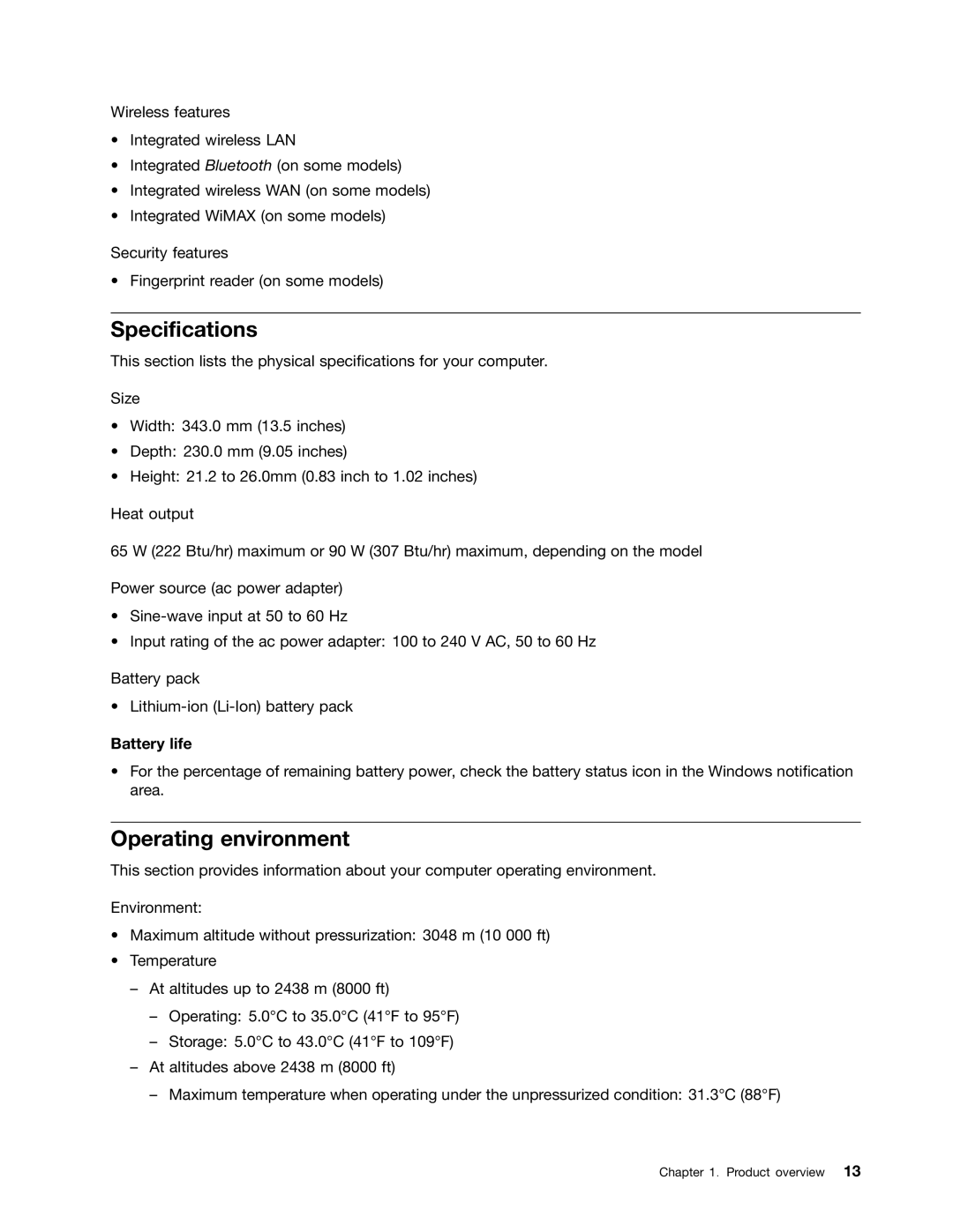 Lenovo 2355AK4, T430SI manual Specifications, Operating environment, Battery life 