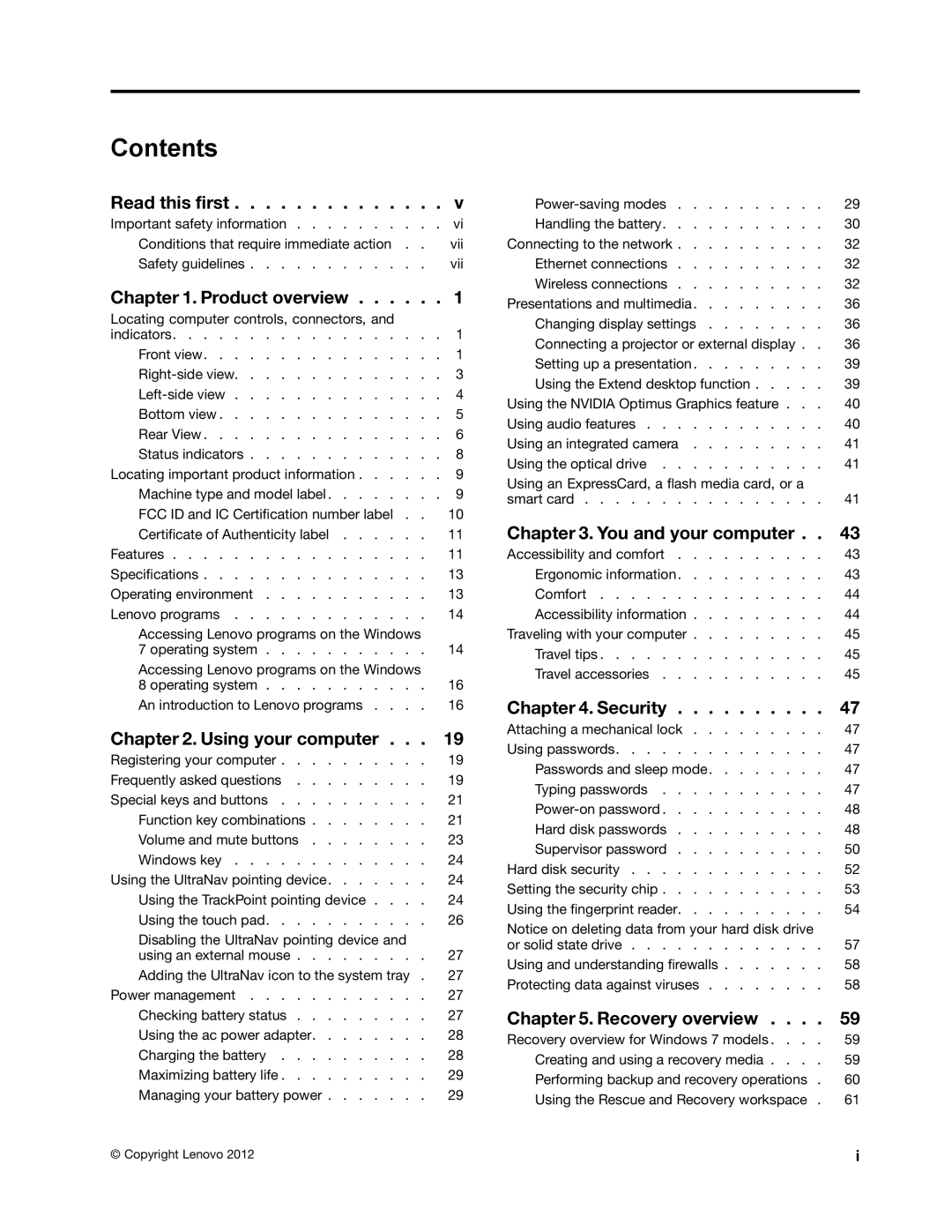 Lenovo T430SI, 2355AK4 manual Contents 