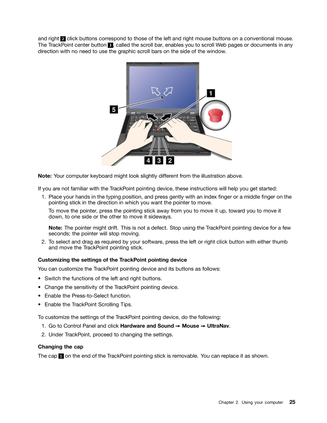 Lenovo 2355AK4, T430SI manual Customizing the settings of the TrackPoint pointing device, Changing the cap 