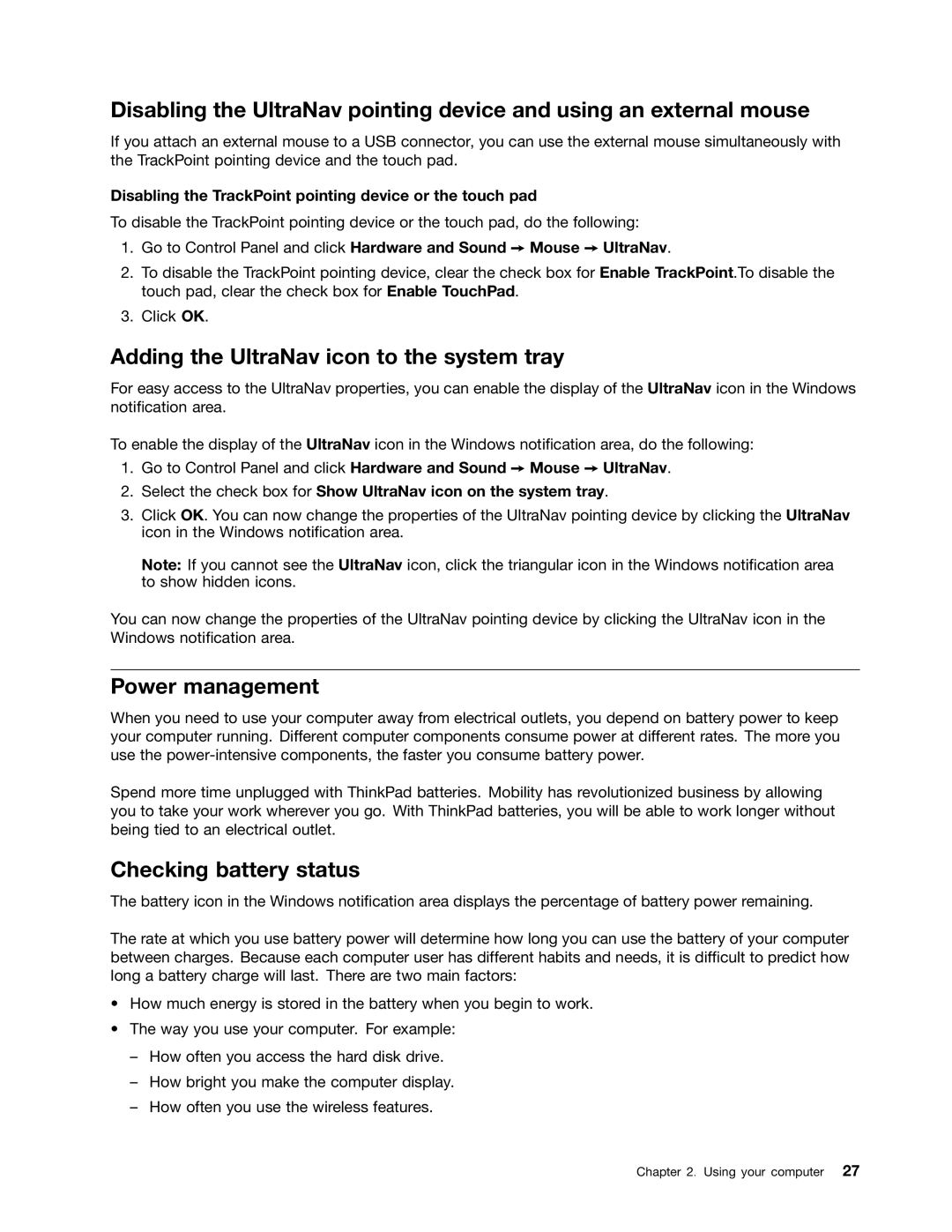 Lenovo T430SI, 2355AK4 manual Adding the UltraNav icon to the system tray, Power management, Checking battery status 