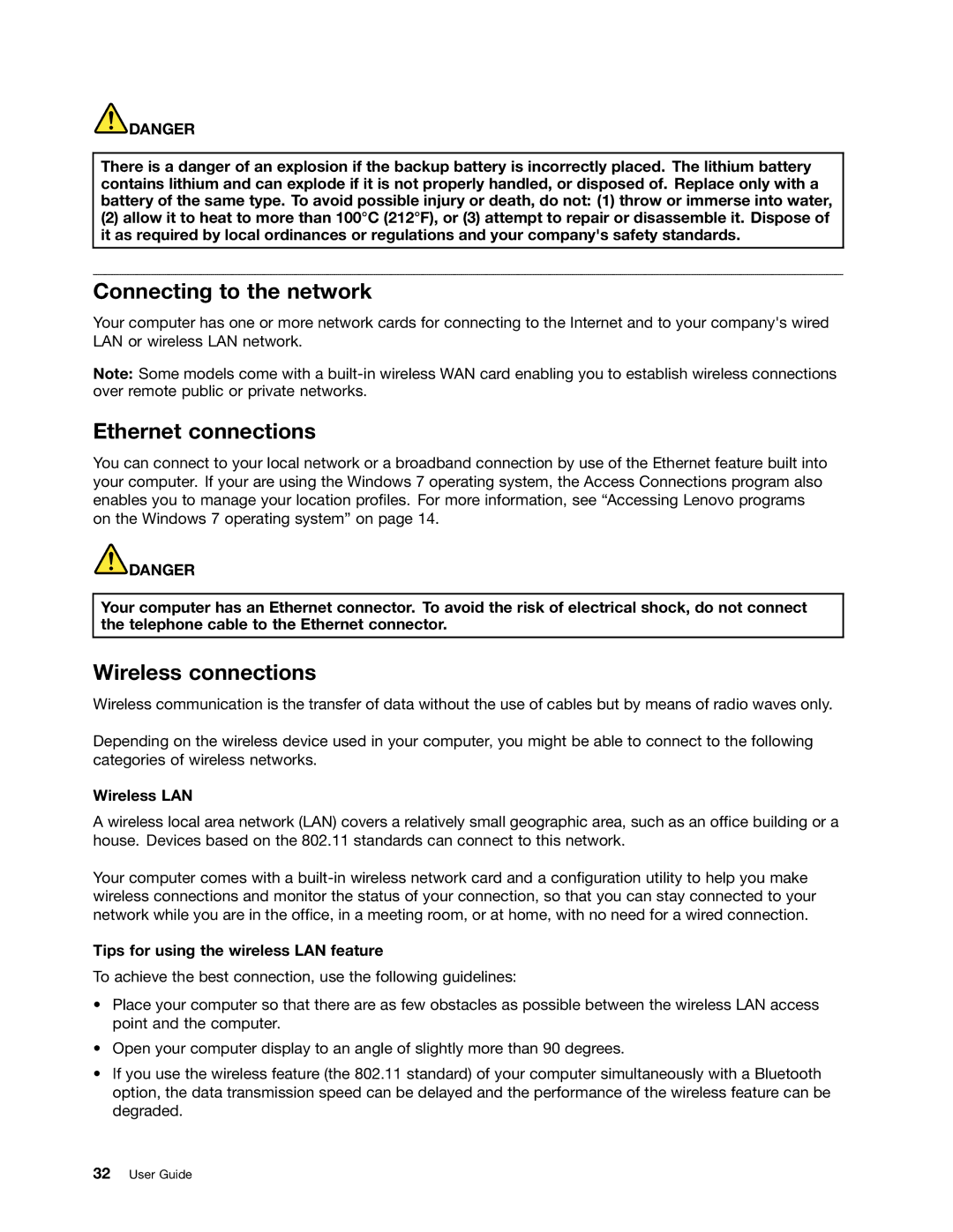 Lenovo T430SI, 2355AK4 manual Connecting to the network, Ethernet connections, Wireless connections, Wireless LAN 