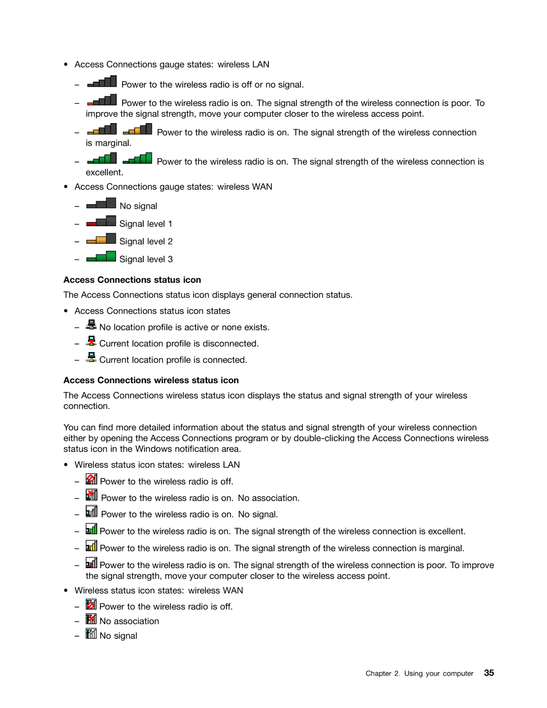 Lenovo T430SI, 2355AK4 manual Access Connections status icon, Access Connections wireless status icon 