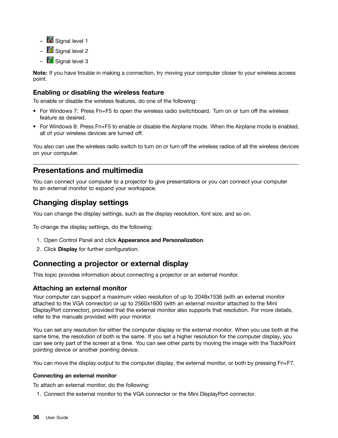 Lenovo T430SI manual Presentations and multimedia, Changing display settings, Connecting a projector or external display 