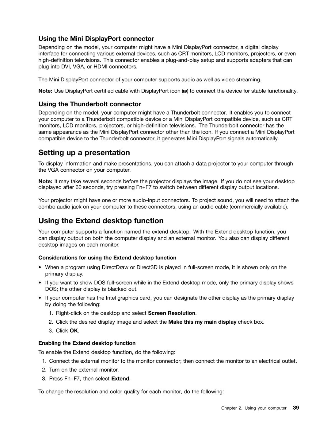 Lenovo T430SI manual Setting up a presentation, Using the Extend desktop function, Using the Mini DisplayPort connector 