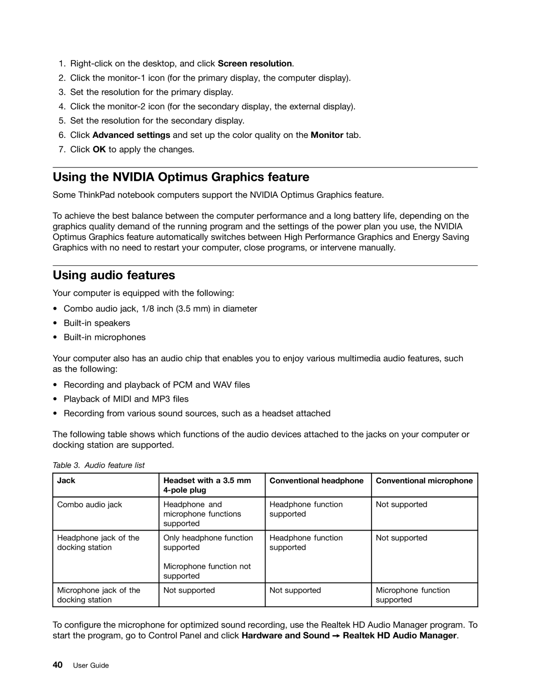 Lenovo 2355AK4, T430SI manual Using the Nvidia Optimus Graphics feature, Using audio features 