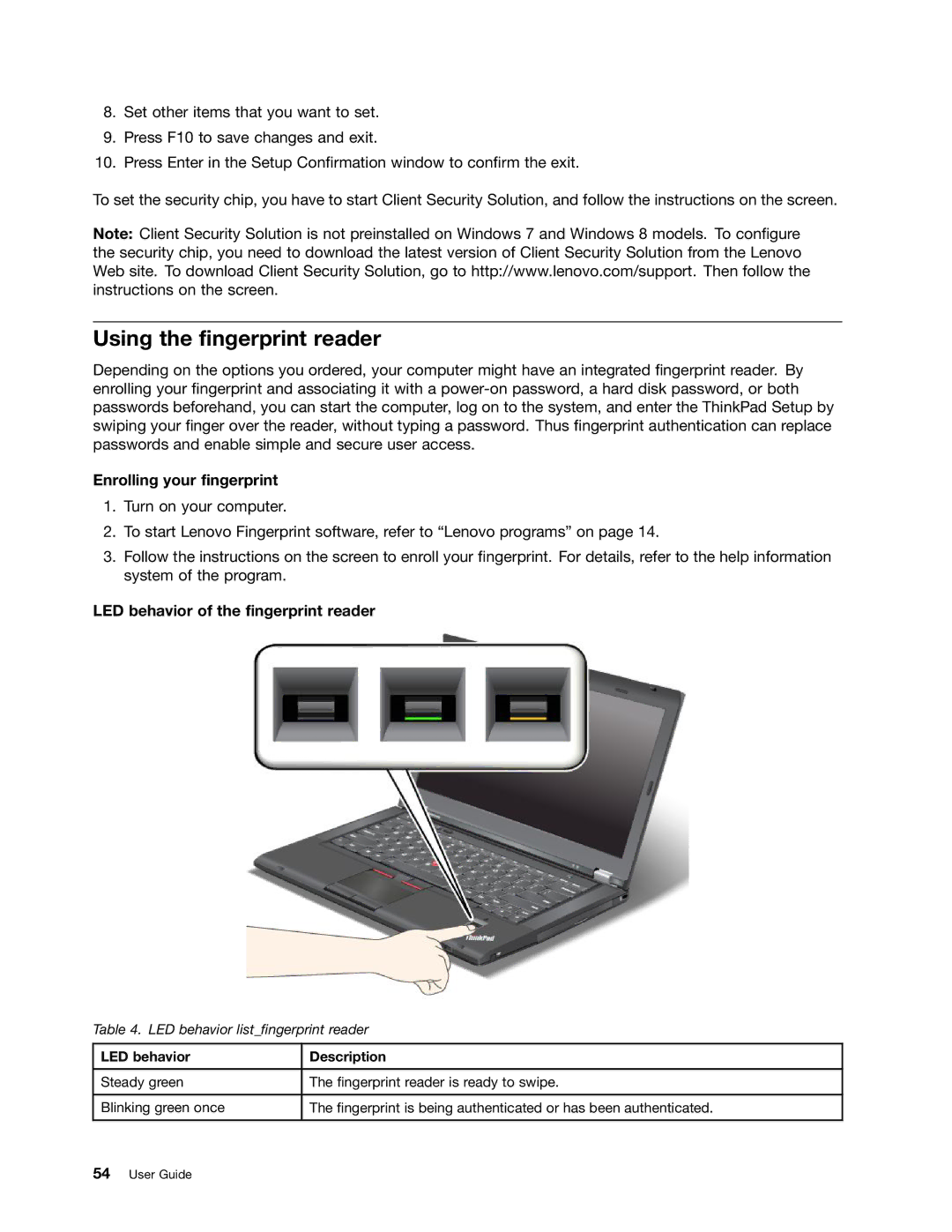 Lenovo T430SI, 2355AK4 Using the fingerprint reader, Enrolling your fingerprint, LED behavior of the fingerprint reader 