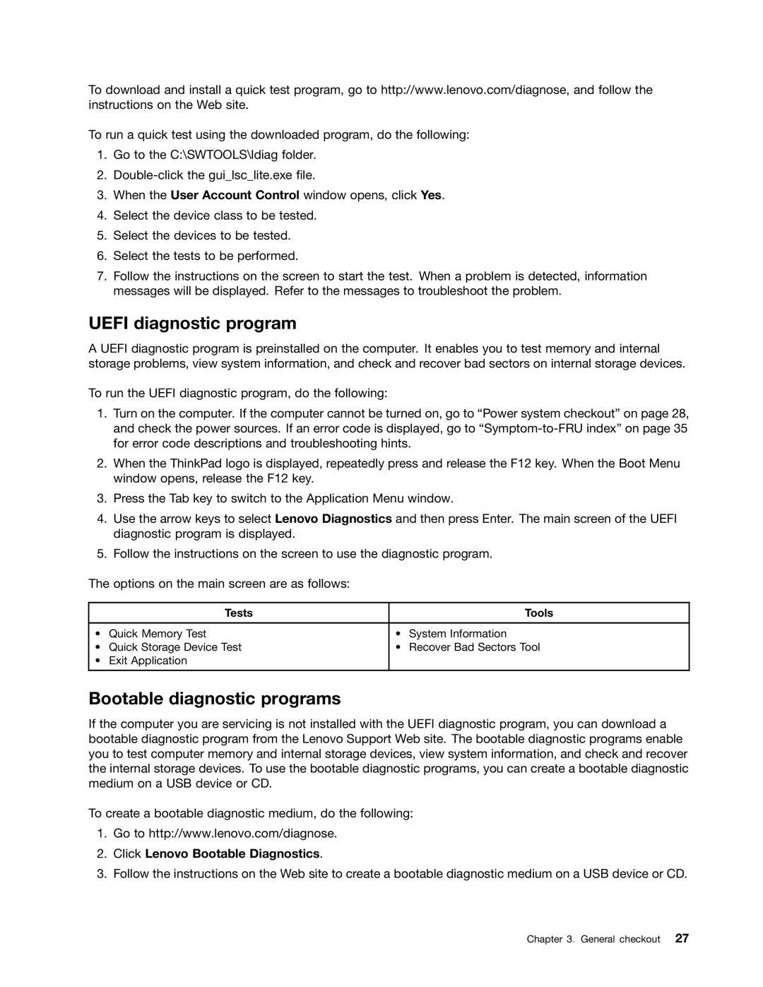 Lenovo T430U manual Uefi diagnostic program, Bootable diagnostic programs, Click Lenovo Bootable Diagnostics, Tests Tools 