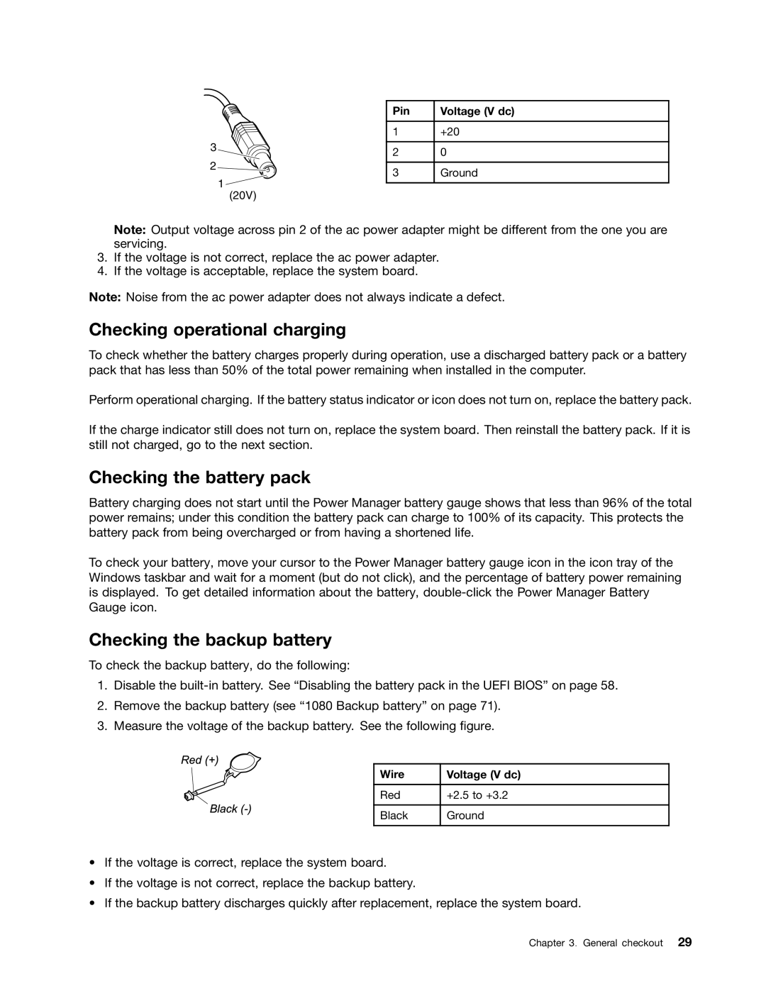 Lenovo T430U manual Checking operational charging, Checking the battery pack, Checking the backup battery, Pin Voltage V dc 