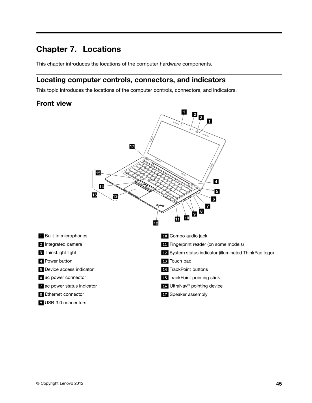 Lenovo T430U manual Locations, Locating computer controls, connectors, and indicators, Front view 