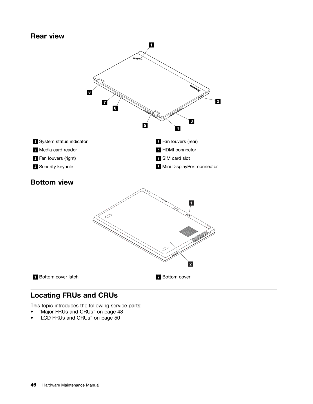 Lenovo T430U manual Rear view, Bottom view, Locating FRUs and CRUs 