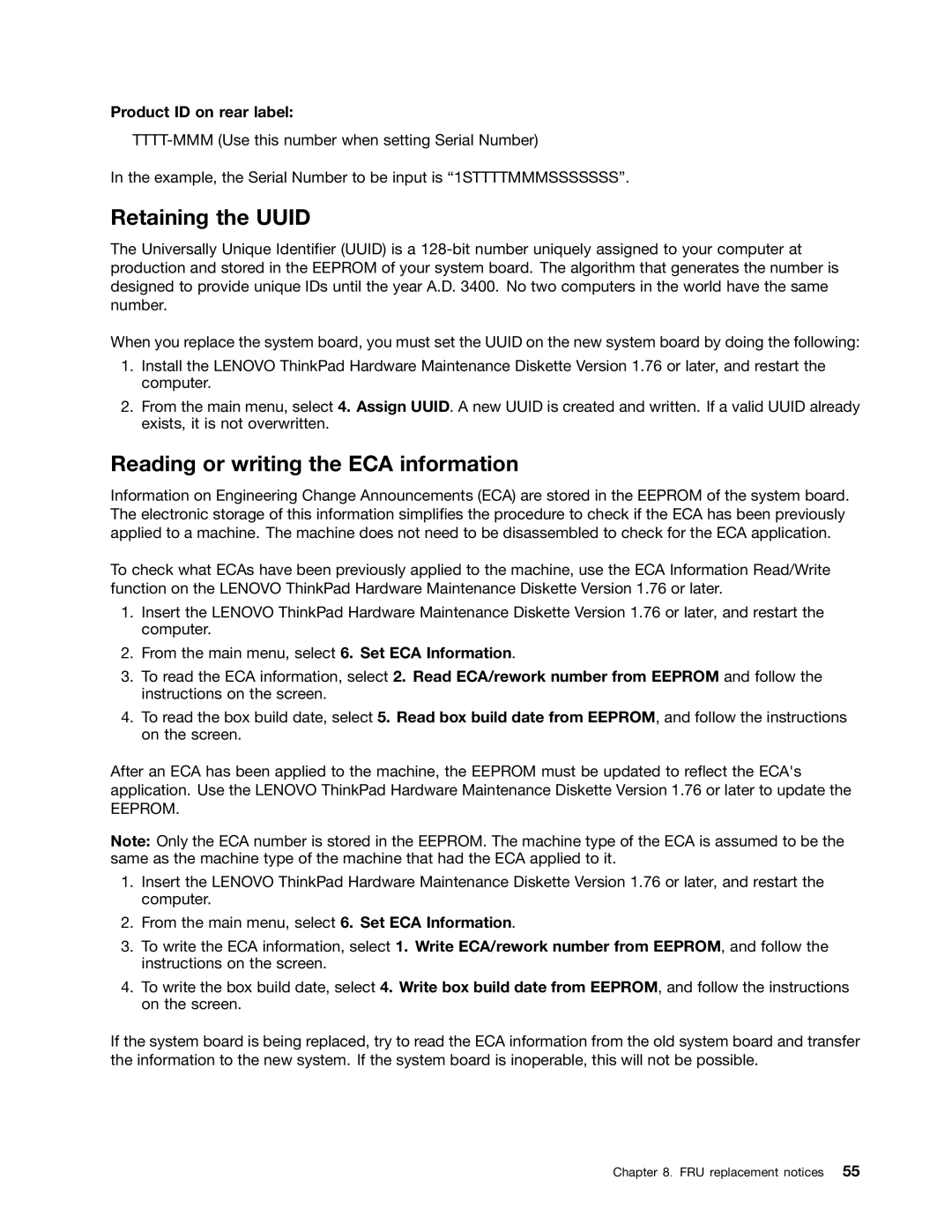 Lenovo T430U manual Retaining the Uuid, Reading or writing the ECA information, Product ID on rear label 