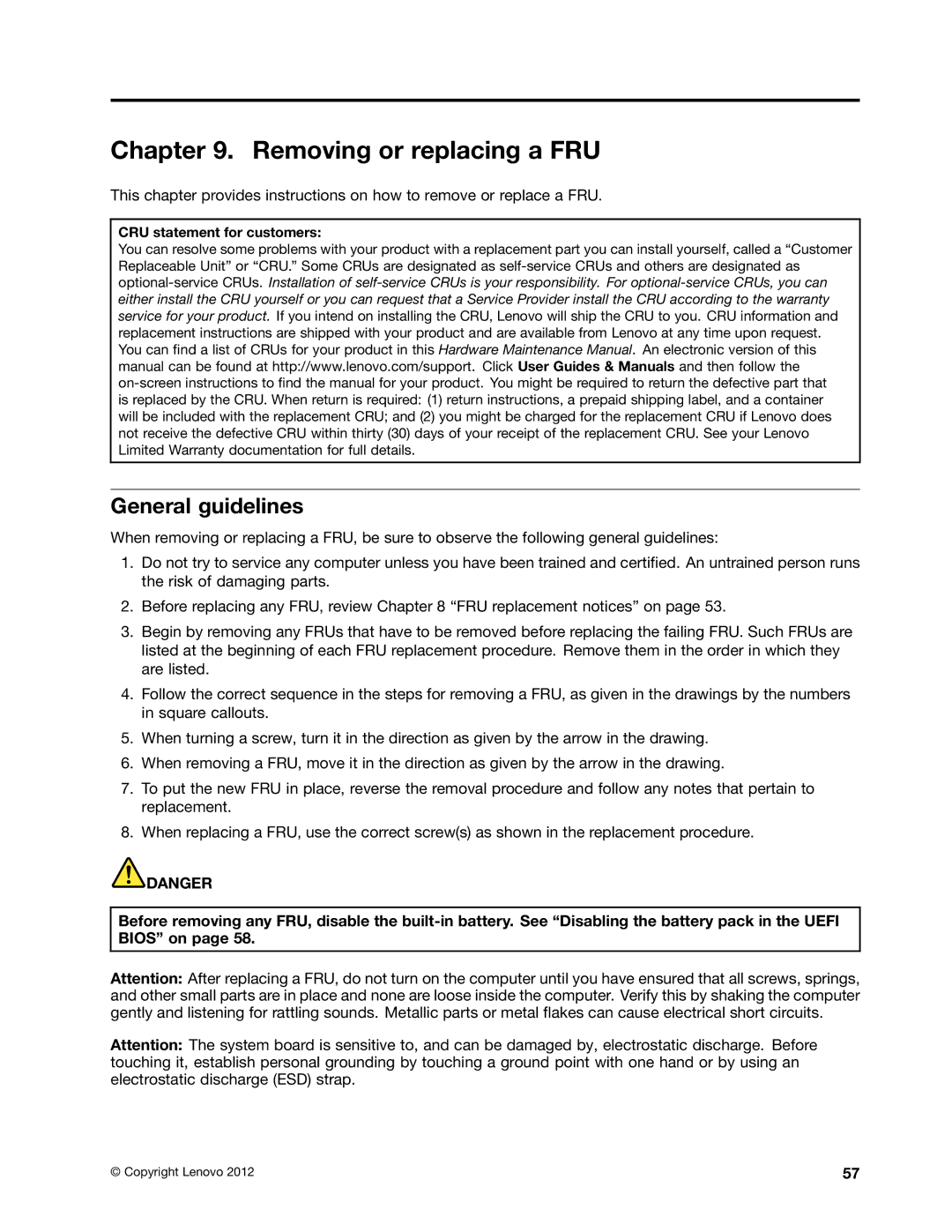 Lenovo T430U manual Removing or replacing a FRU, General guidelines 