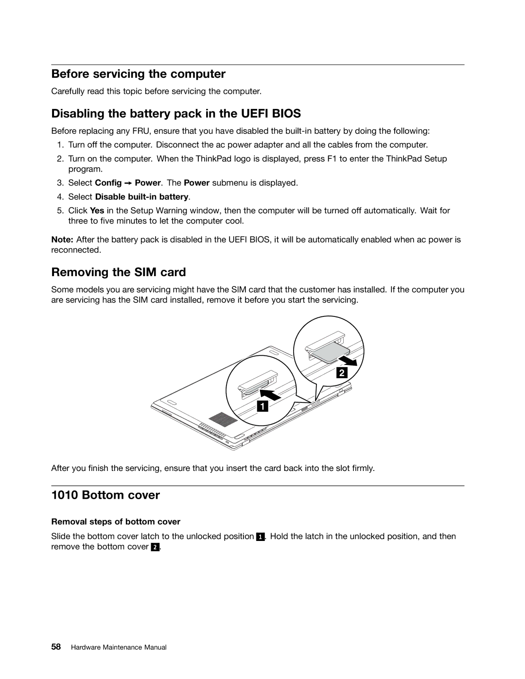 Lenovo T430U manual Before servicing the computer, Disabling the battery pack in the Uefi Bios, Removing the SIM card 