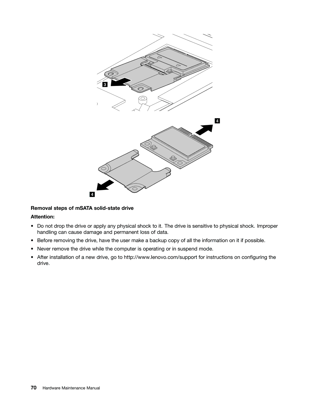 Lenovo T430U manual Removal steps of mSATA solid-state drive 