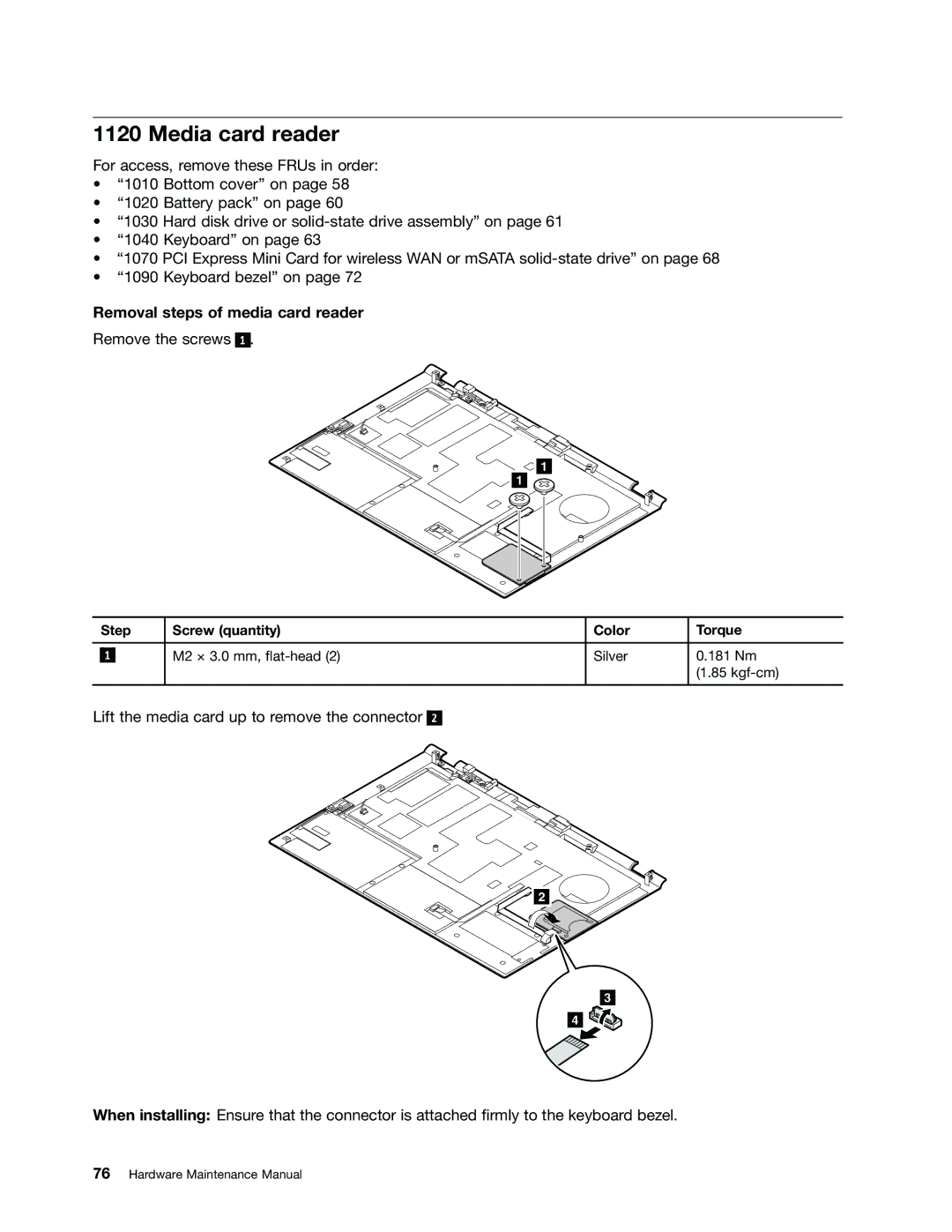 Lenovo T430U manual Media card reader, Removal steps of media card reader 