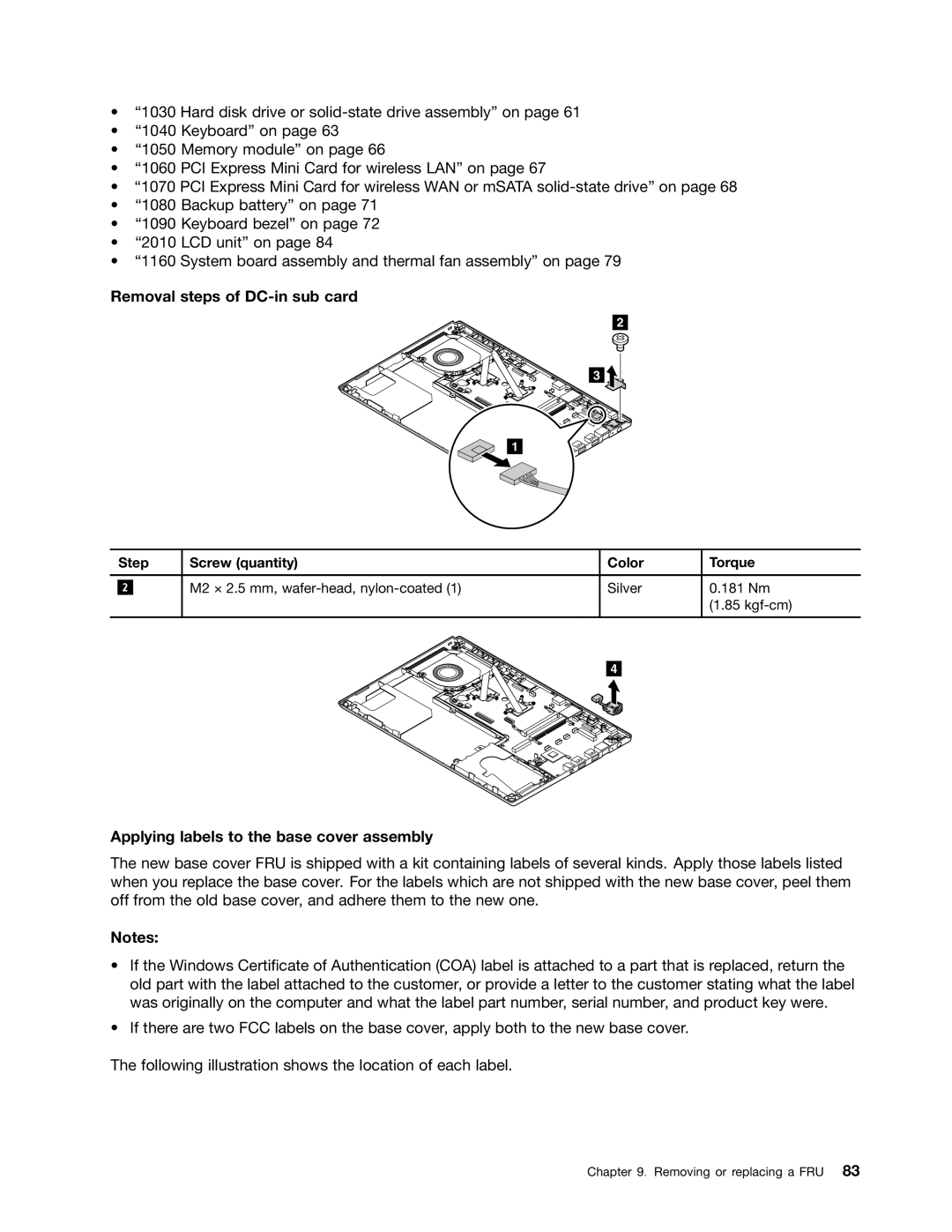 Lenovo T430U manual Removal steps of DC-in sub card, Applying labels to the base cover assembly 