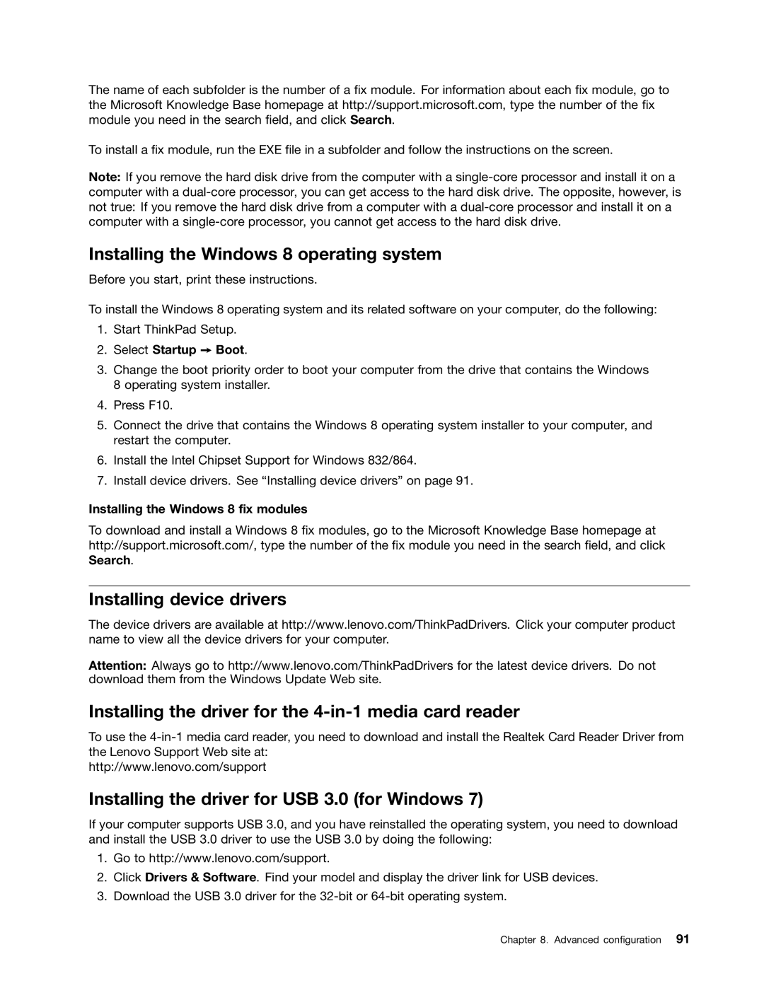 Lenovo 20AA000MUS, T431s manual Installing the Windows 8 operating system, Installing the driver for USB 3.0 for Windows 