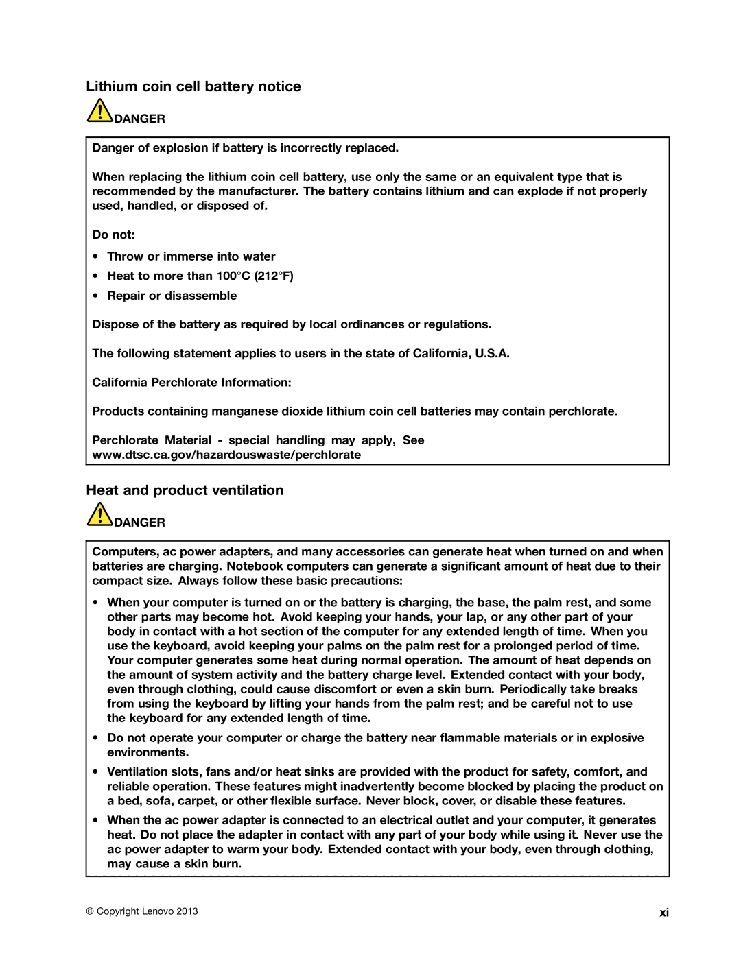 Lenovo 20AA000BUS, T431s, 20AA000MUS manual Lithium coin cell battery notice, Heat and product ventilation 