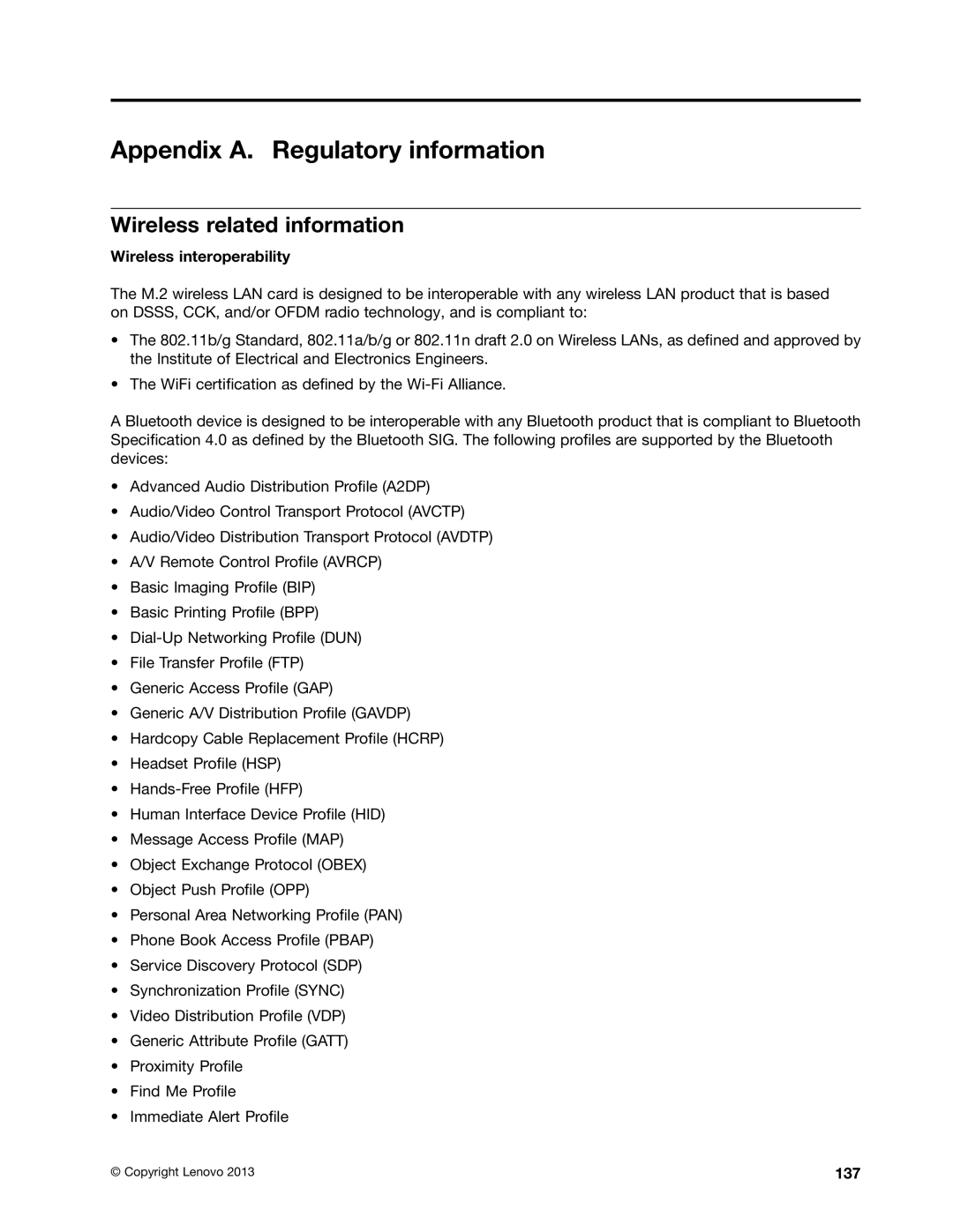 Lenovo 20AA000BUS, T431s Appendix A. Regulatory information, Wireless related information, Wireless interoperability, 137 