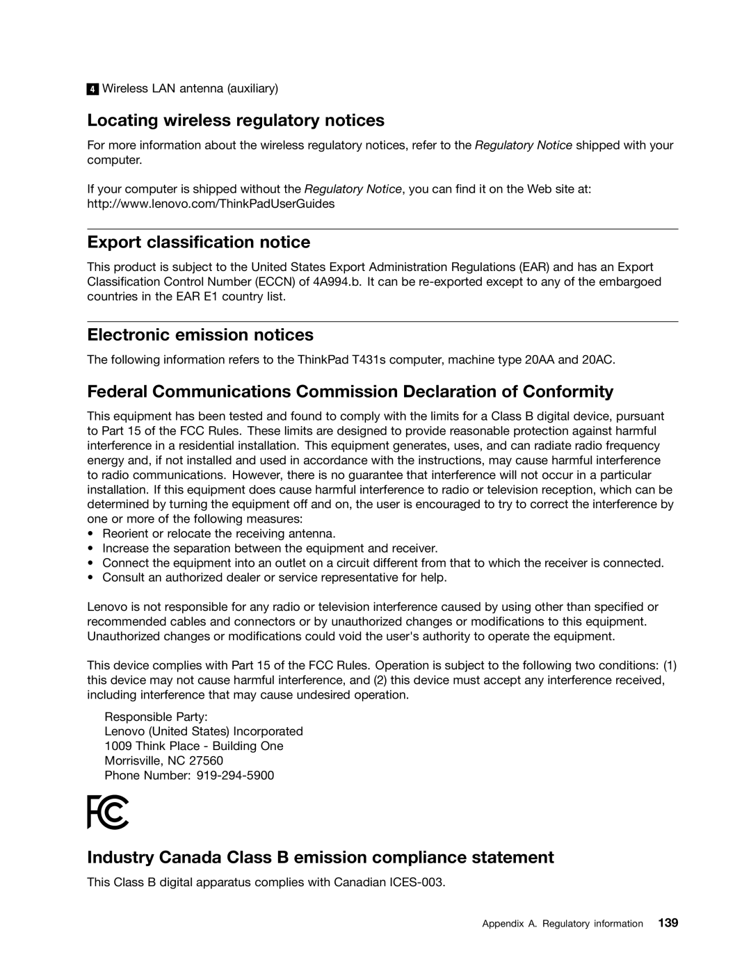 Lenovo 20AA000MUS, T431s Locating wireless regulatory notices, Export classification notice, Electronic emission notices 