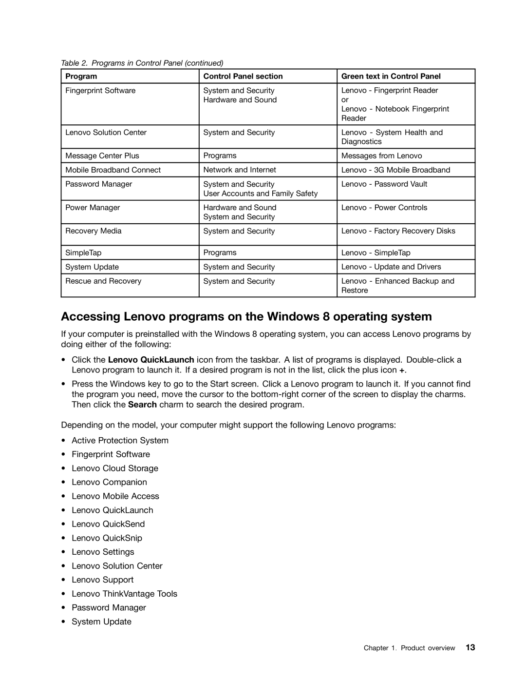 Lenovo 20AA000BUS, T431s, 20AA000MUS manual Accessing Lenovo programs on the Windows 8 operating system 