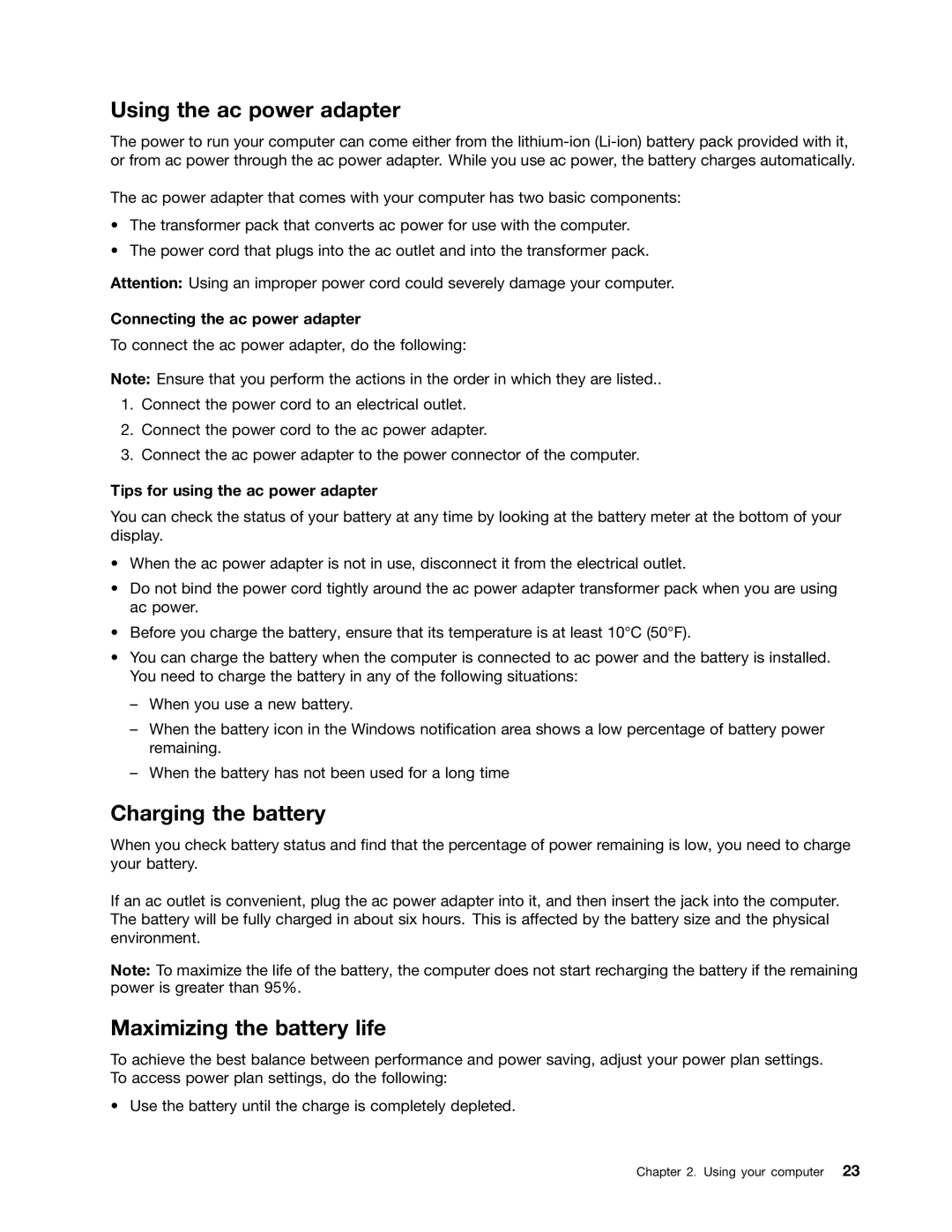 Lenovo 20AA000MUS, T431s, 20AA000BUS manual Using the ac power adapter, Charging the battery, Maximizing the battery life 