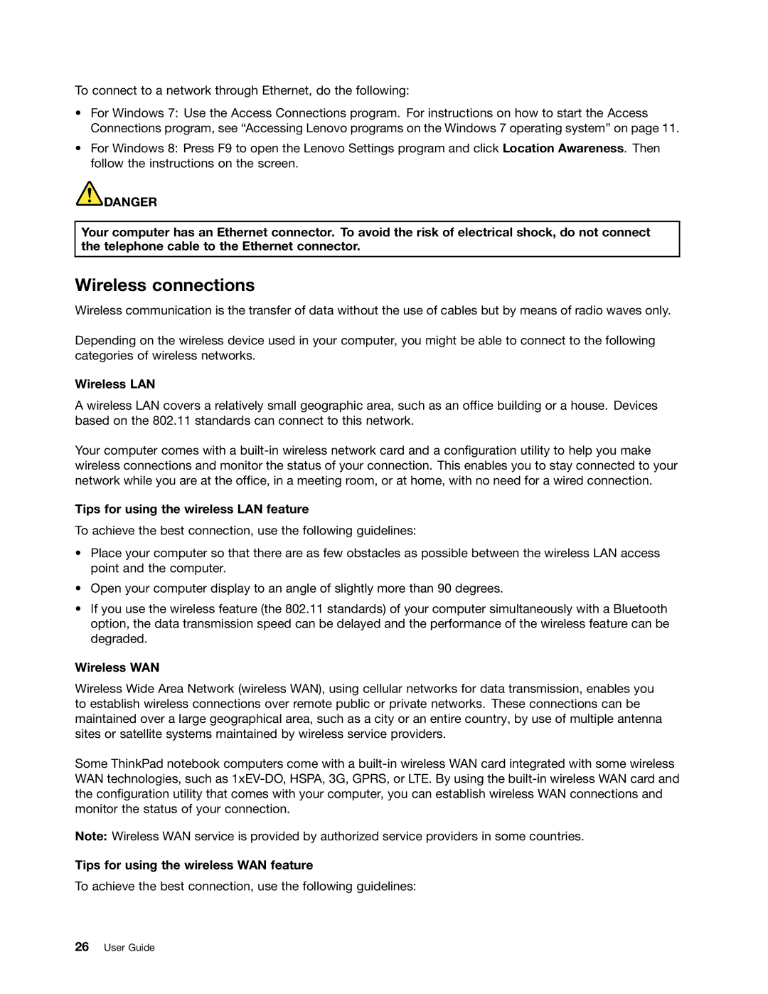 Lenovo T431s, 20AA000BUS manual Wireless connections, Wireless LAN, Tips for using the wireless LAN feature, Wireless WAN 