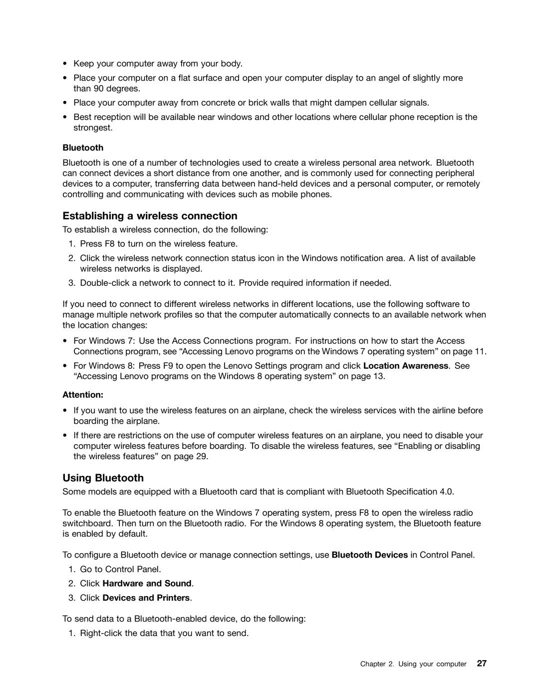 Lenovo 20AA000MUS Establishing a wireless connection, Using Bluetooth, Click Hardware and Sound Click Devices and Printers 