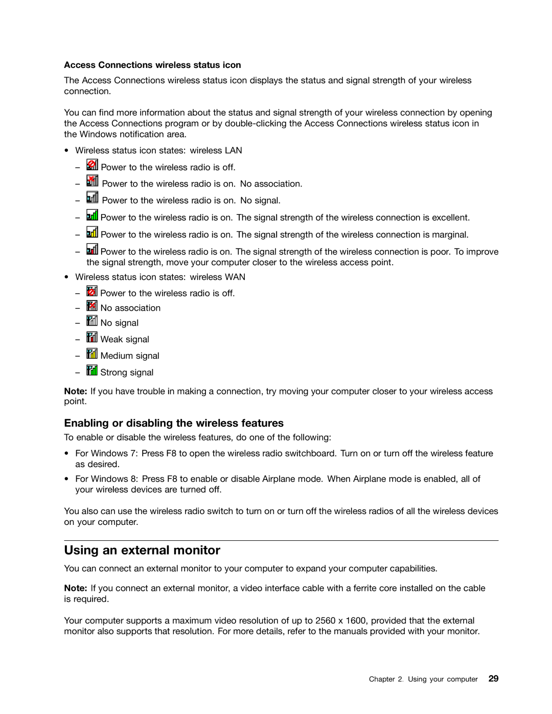 Lenovo 20AA000BUS, T431s, 20AA000MUS manual Using an external monitor, Enabling or disabling the wireless features 