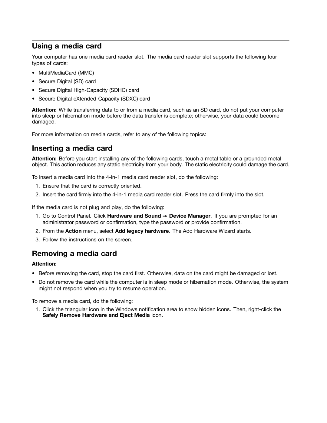 Lenovo T431s, 20AA000BUS, 20AA000MUS manual Using a media card, Inserting a media card, Removing a media card 