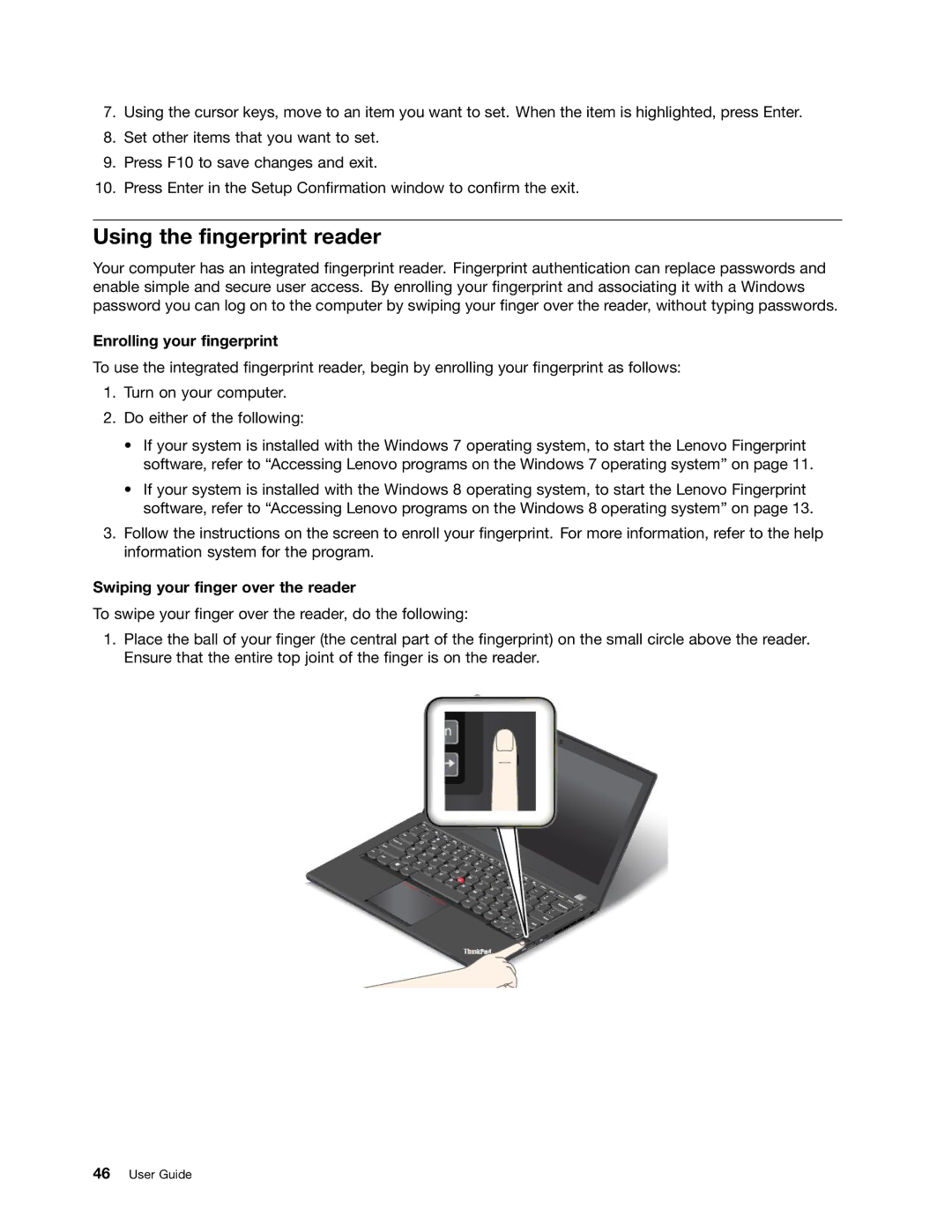 Lenovo 20AA, T431s manual Using the fingerprint reader, Enrolling your fingerprint, Swiping your finger over the reader 