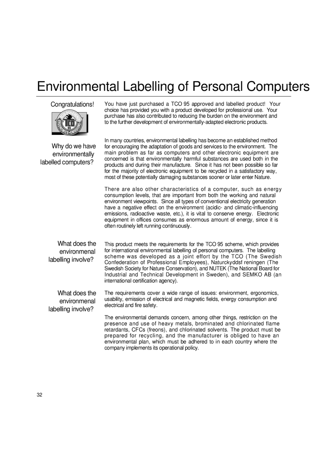 Lenovo T545 manual Environmental Labelling of Personal Computers 