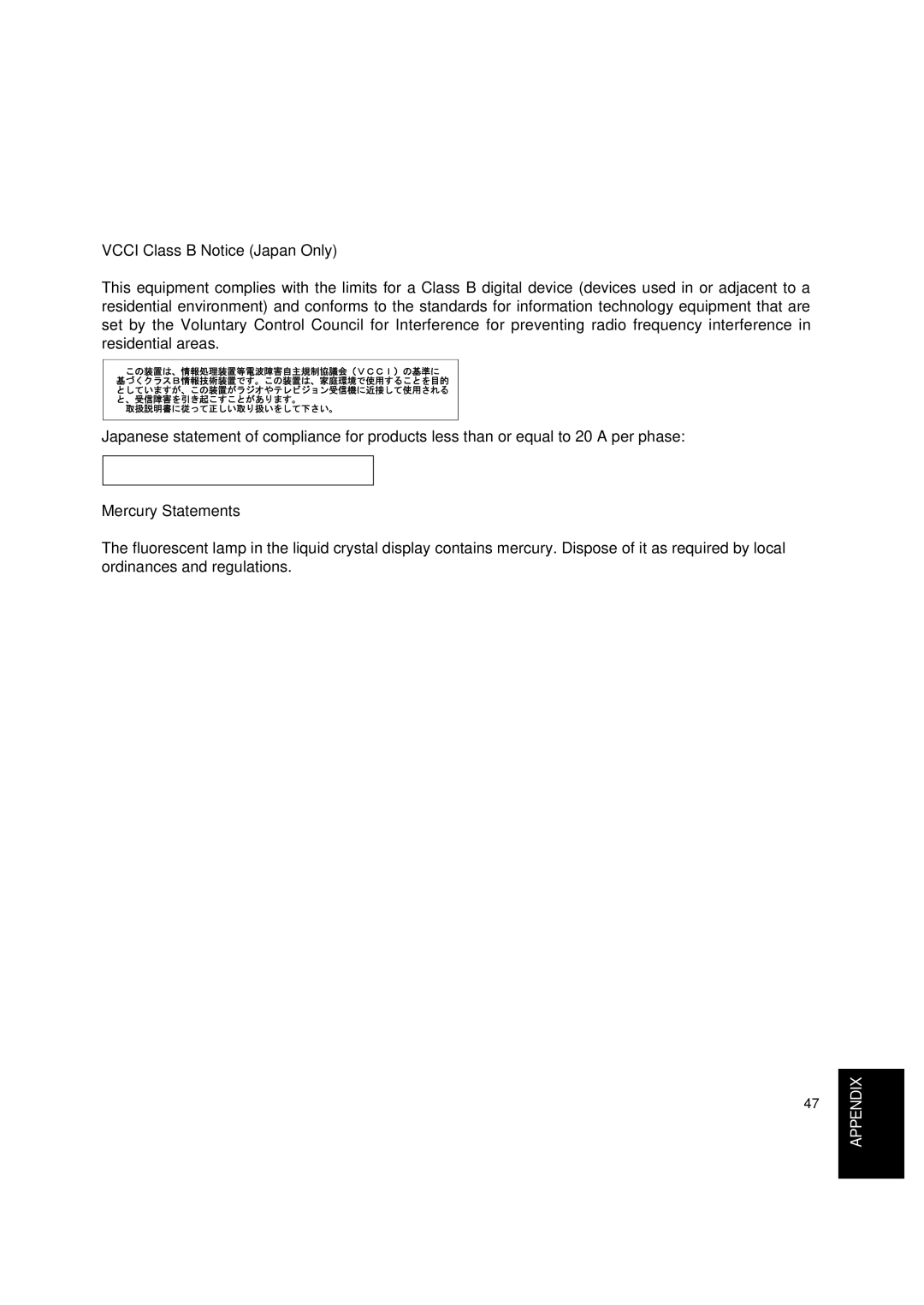 Lenovo T545 manual Vcci Class B Notice Japan Only, Mercury Statements 